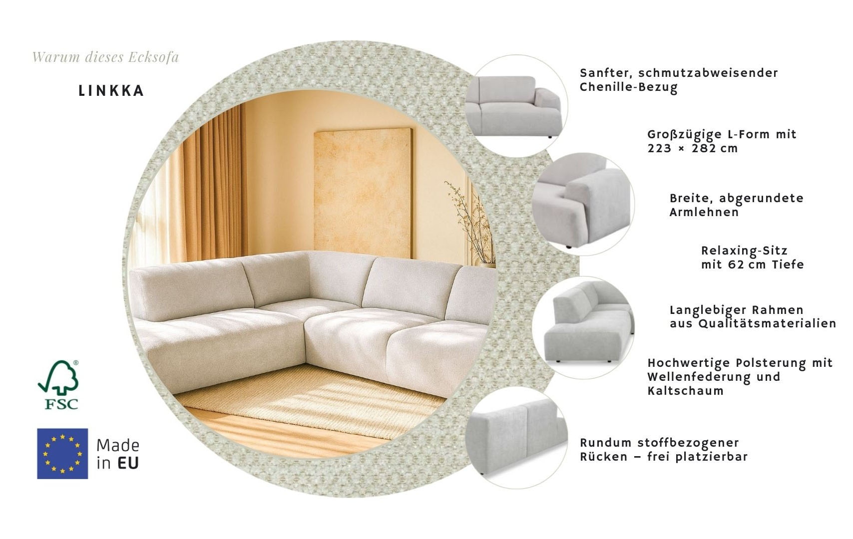 Home affaire Ecksofa »Linkka, Breite 282 cm« L-Form, in einem weichen Chenille-Stoff, mit Wellenunterfederung