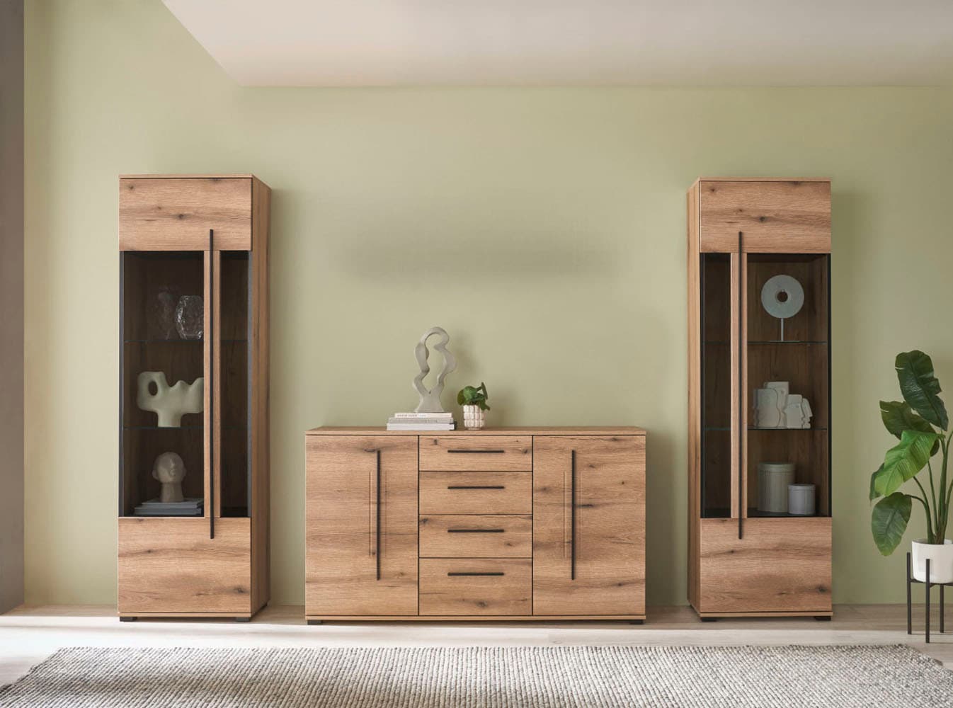 INOSIGN Wohnwand »Cantara, moderne Anbauwand, Wohnzimmer-Set, in Eiche Evoke oder Weiß«, (Set), enthält zwei Vitrinen und ein Sideboard