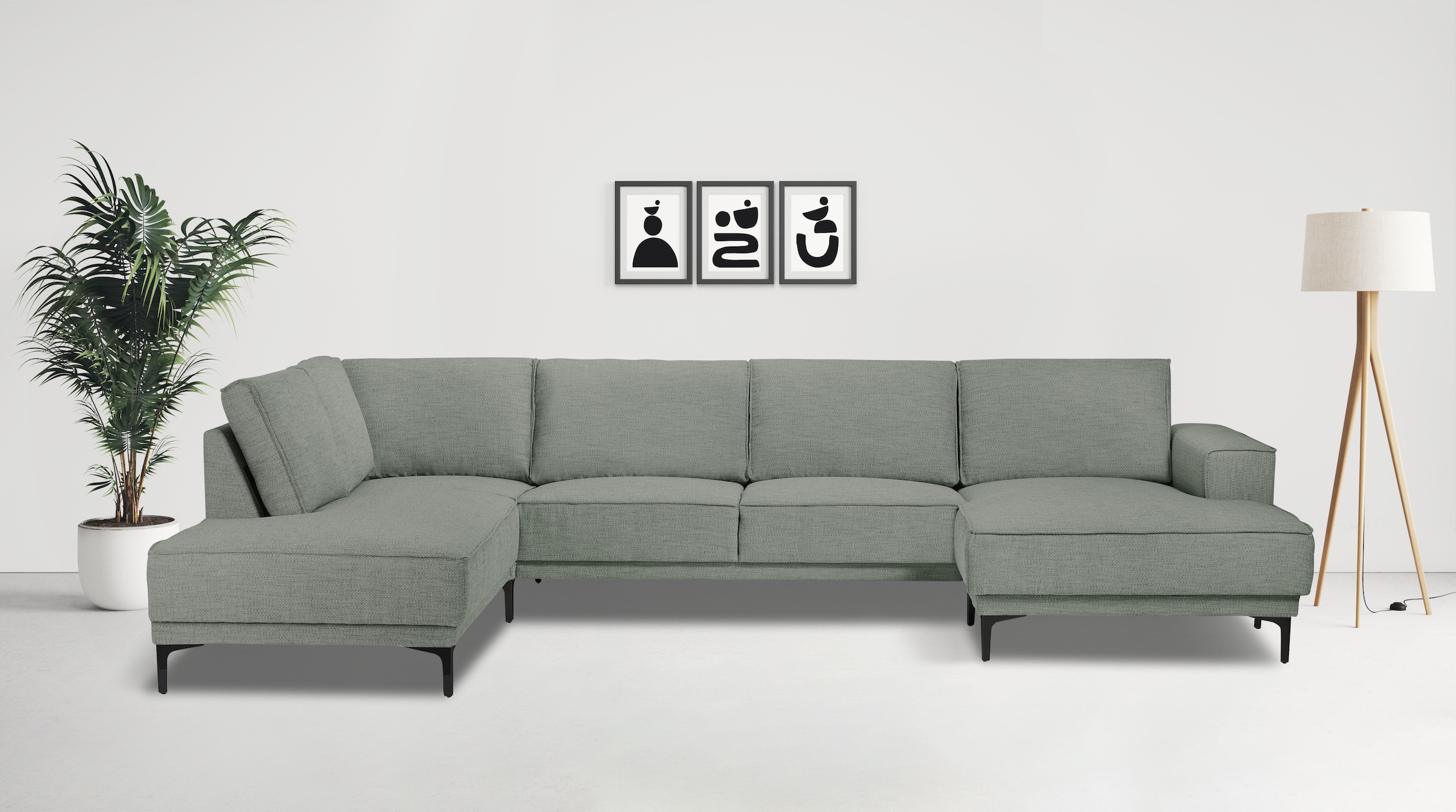 OTTO home Wohnlandschaft "OLAND Flachgewebe U-Form, XXL, B: 345 cm, Skandi-Design" U-Form, 345 cm, Wellenunterfederung, Skandi-Design, Metallfüße