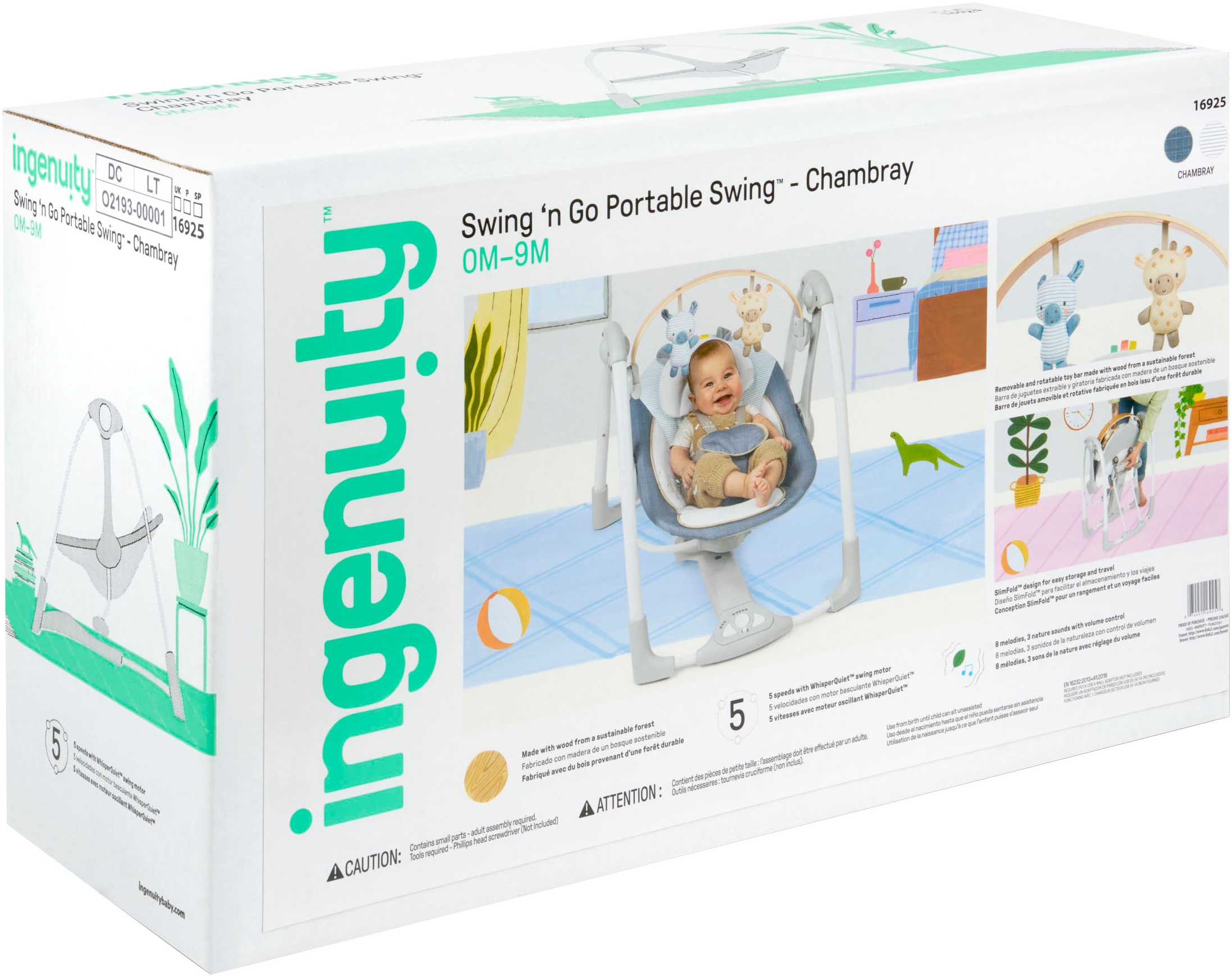 ingenuity Babywippe »Swing 'n Go Portable Swing™ - Chambray«, bis 9 kg, mit Melodien und Geräuschen