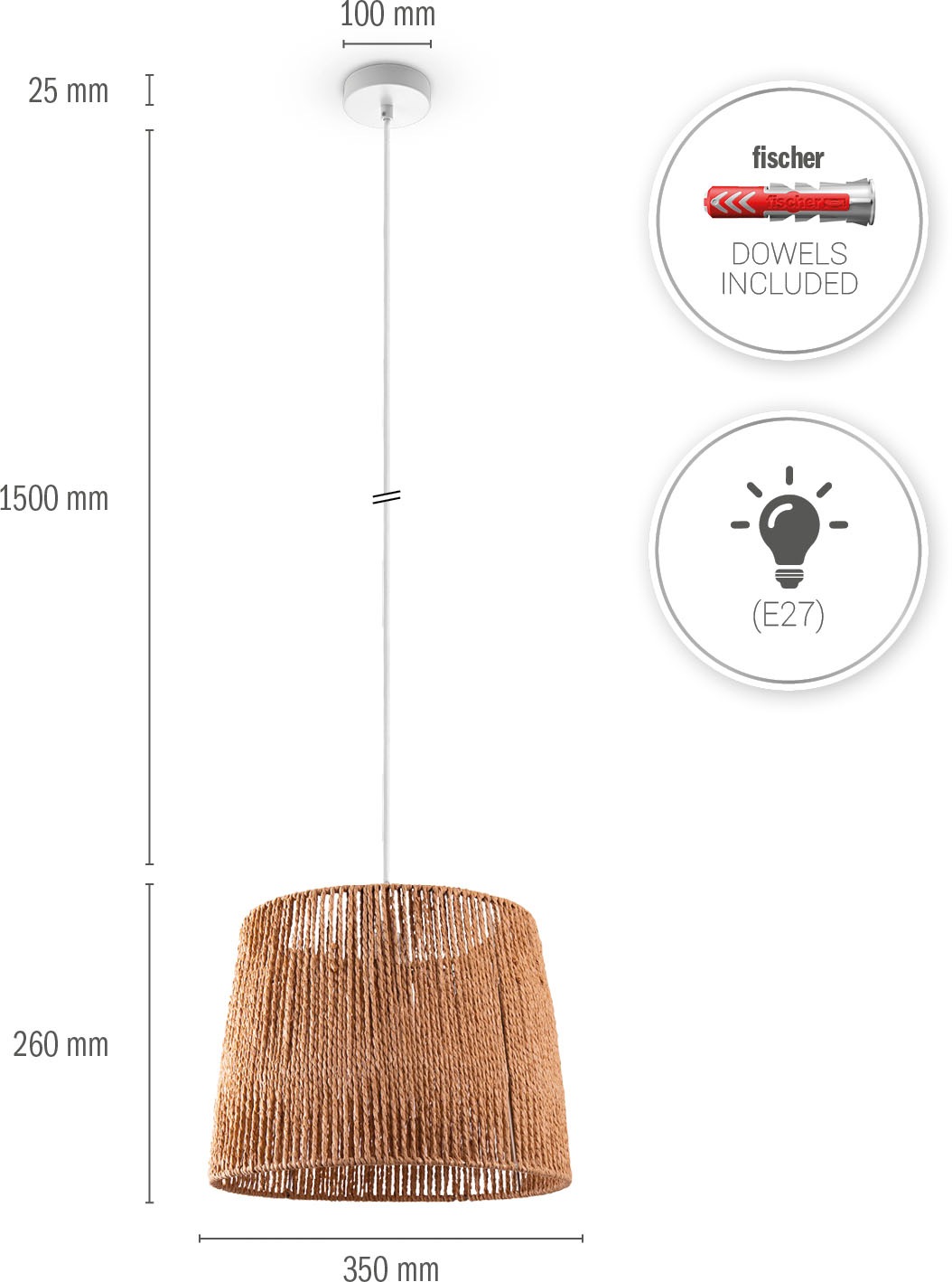 Paco Home Pendelleuchte »Hugo Amadeo«, Leuchtmittel E27 | ohne Leuchtmittel, Wohnzimmer Esszimmer Rattan Optik Boho Lampenschirm Papier