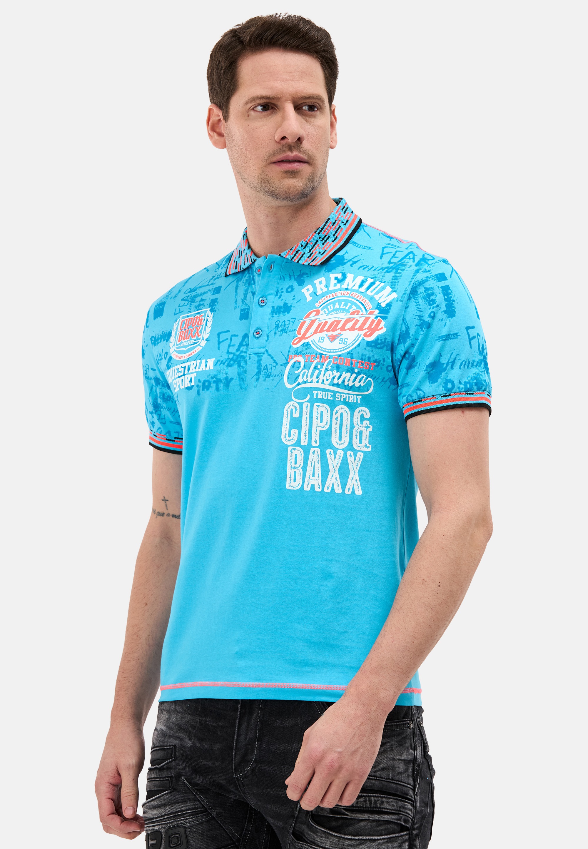 Poloshirt CIPO & BAXX, Herren, Gr. 3XL, turquoise, Jersey, Obermaterial: 95% Baumwolle, 5% Elasthan, bedruckt, unifarben, regular fit normal, Rundhals, Shirts 2