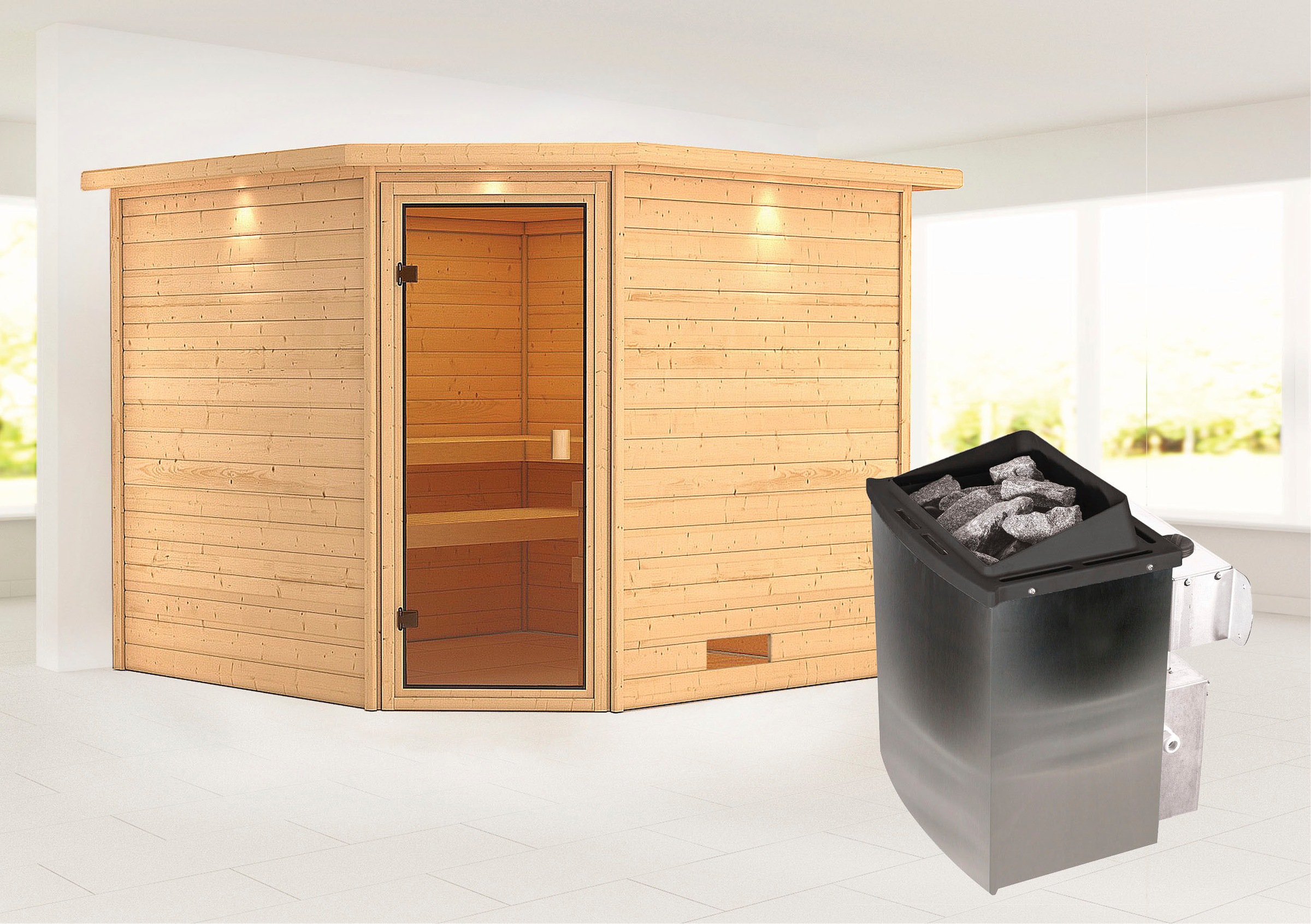 Karibu Sauna ""Leona" mit Kranz und bronzierter Tür Ofen 9 kW integr. Strg", aus hochwertiger nordischer Fichte