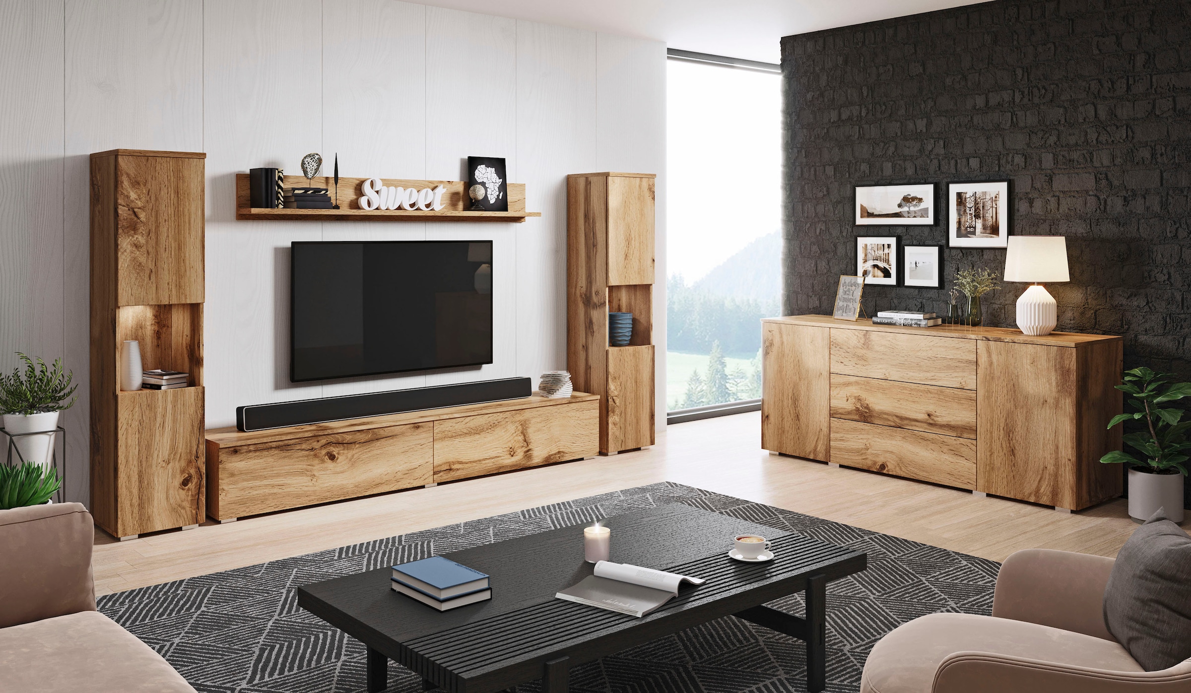INOSIGN Wohnwand »PARIS, Vitrine Türanschlag links/rechts wechselbar«, (Komplett-Set, 4 St.), grifflose Design, stehend und hängend montierbar