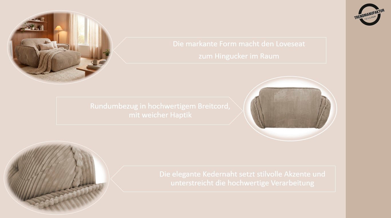 TRENDMANUFAKTUR Chaiselongue »Be Fluffy, mit Rundumbezug, Loveseat mit moderner breiter Kedernaht« mit softem Sitzkomfort, in hochwertigem Breitcord mit weicher Haptik