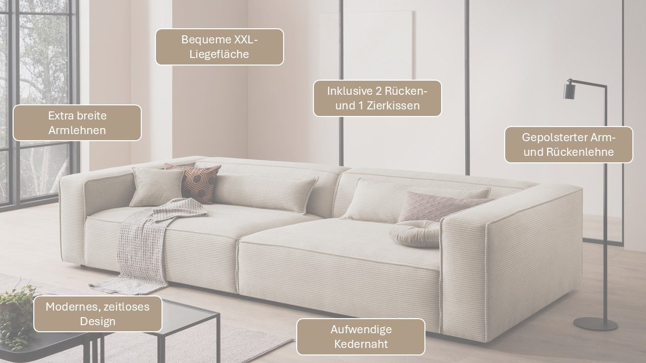 Thumbnail - LeGer Home by Lena Gercke 3-Sitzer "PIARA XXL, Sofa mit Kedernaht in Cord, Leinenoptik o. Strukturstoff" schwarze Füße, ...