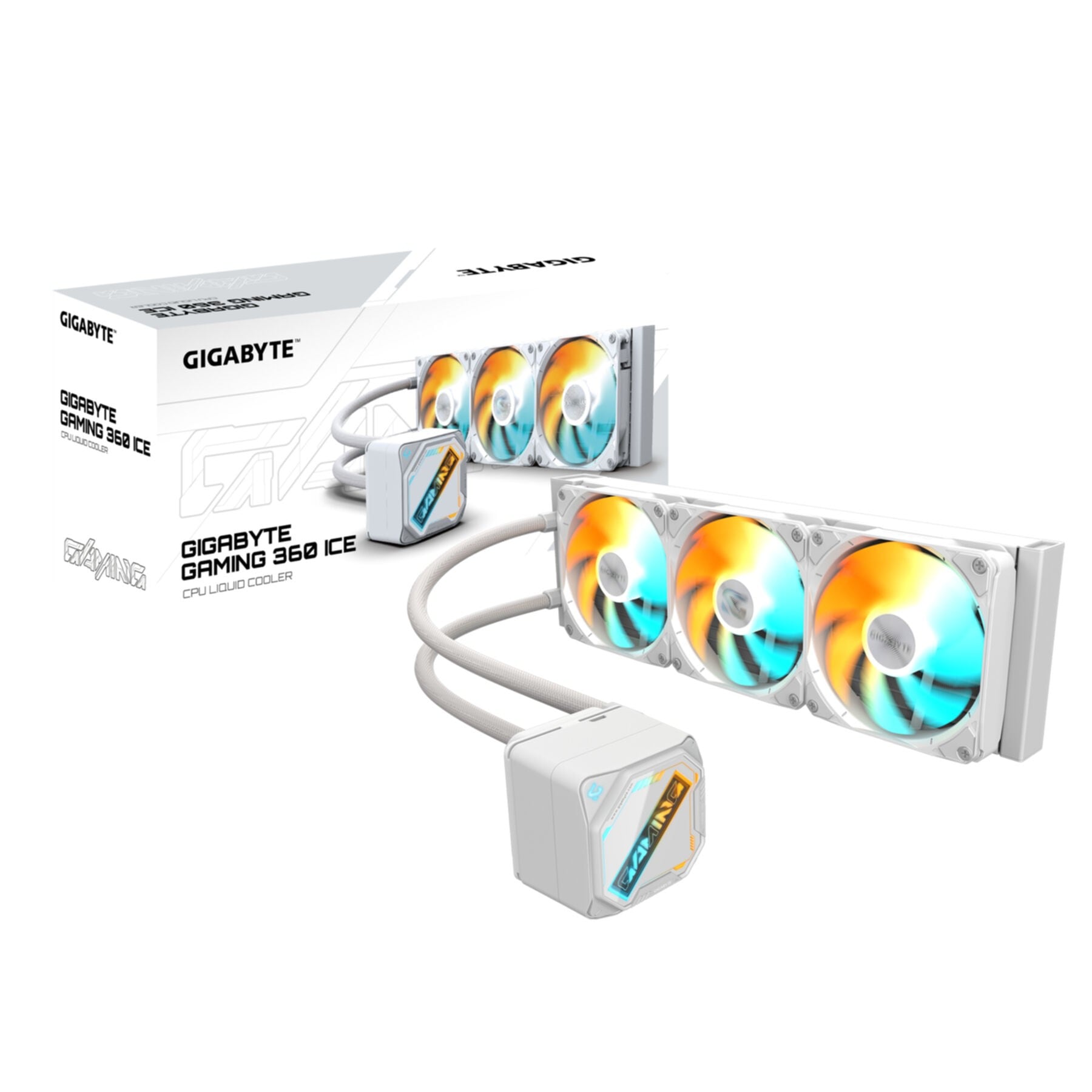 GIGABYTE Gehäuselüfter "GAMING 360 ICE Flüssigkeitskühler für CPU - 3x120 mm ARGB-Lüfter, Schi", weiß, B:26cm H:14,9cm T:46,8cm, Computer-Kühler - Ein