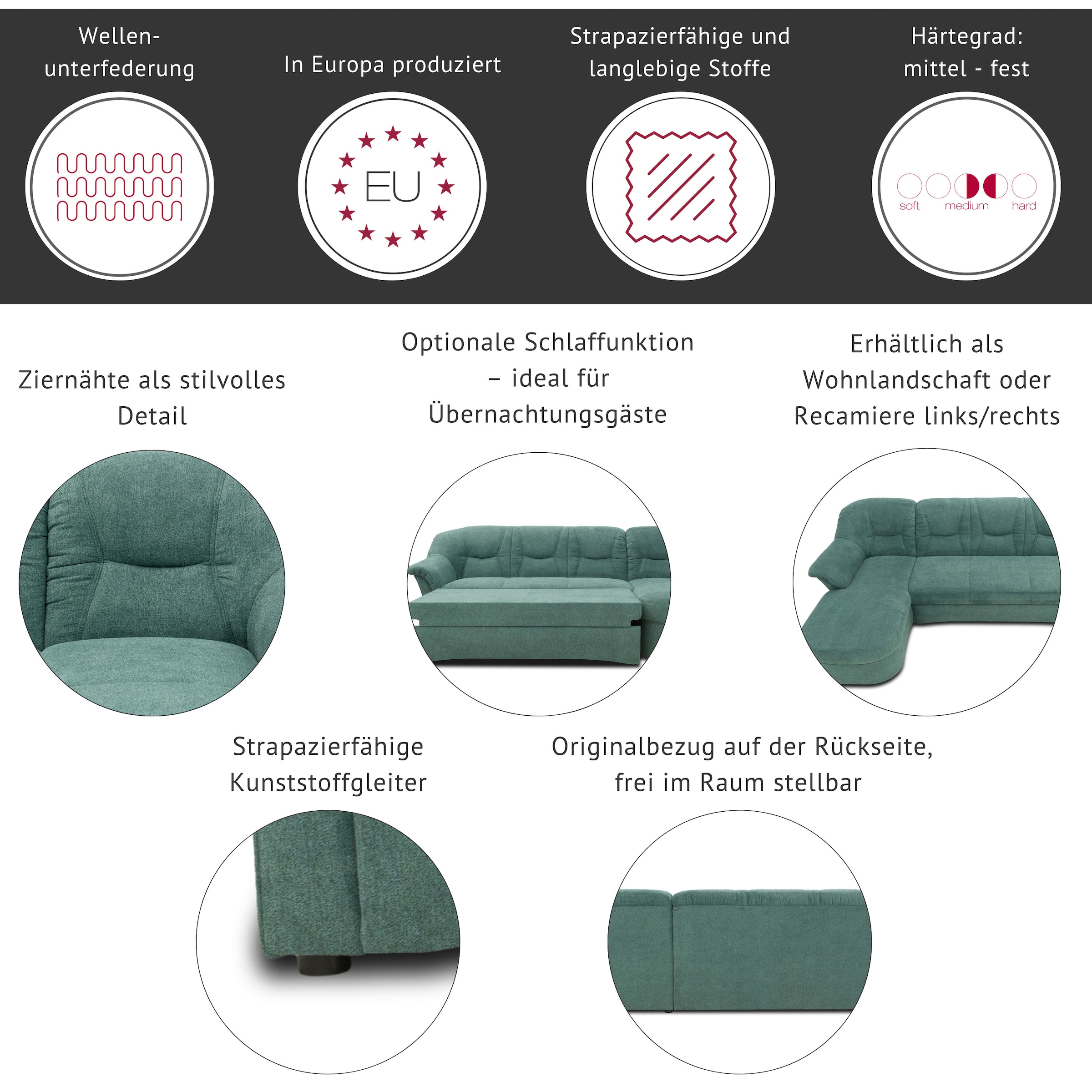 DOMO collection Ecksofa »Sarafina zeitlos und komfortabel, optional mit Federkern,  L-Form« wahlweise mit Bettfunktion