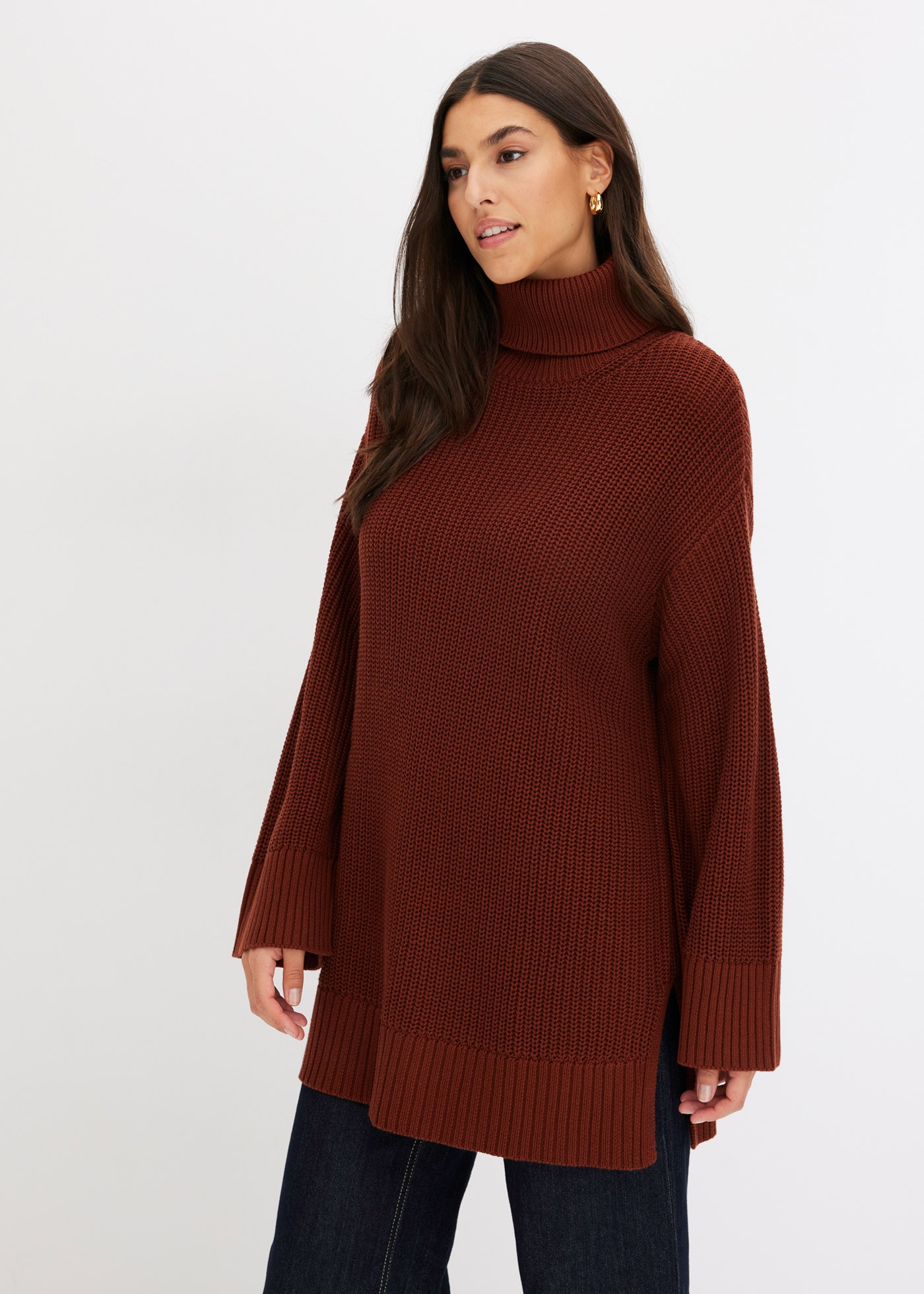 Rollkragenpullover BONPRIX "Oversize-Rollkragenpullover aus Baumwoll-Mix", Damen, Gr. 56/58 (XXXL), braun (mahagonibraun), Obermaterial: 50% Baumwolle, 50% Polyacryl, oversize, Pullover Rollkragenpullover, aus Baumwoll-Mix, mit Rollkragen, mit Seitenschli