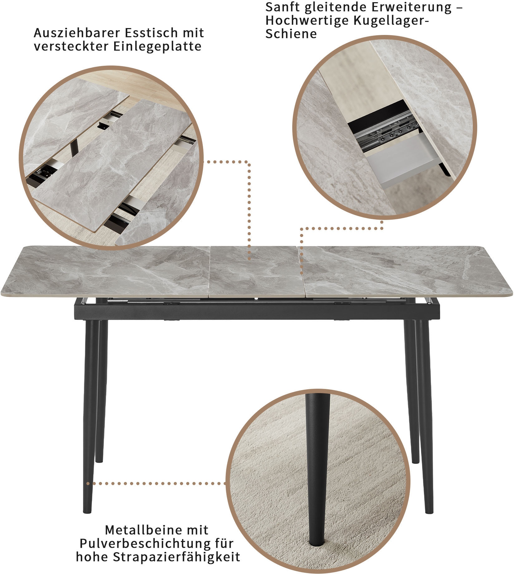 OTTO home Eckbankgruppe »Stevian« Set, 1 ausziehbarer Esstisch + 1 Eckbank Recamiere links + 2 Stühle, 4 Stk. tlg. Holz, Strukturstoffbezug, Freischwingerstühle, gesteppten Bänken
