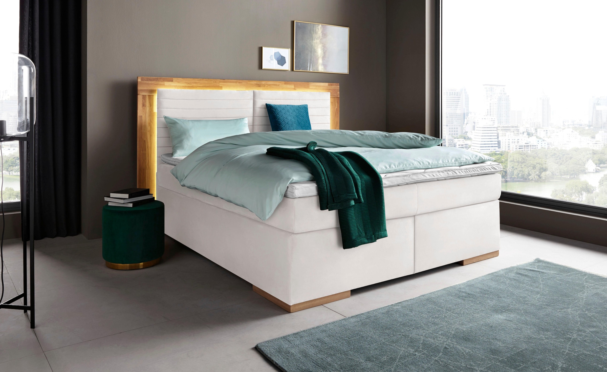 Boxspringbett HOME AFFAIRE "Cup", weiß (snow), B:190cm L:206cm, Bezug: Luxus-Microfaser (100% Polyester);Bezug: Microfaser (100% Polyester), Komplettbetten, Boxspringbett, mit LED-Beleuchtung, Massivholzrahmen und Topper, in 2 Härtegraden 10