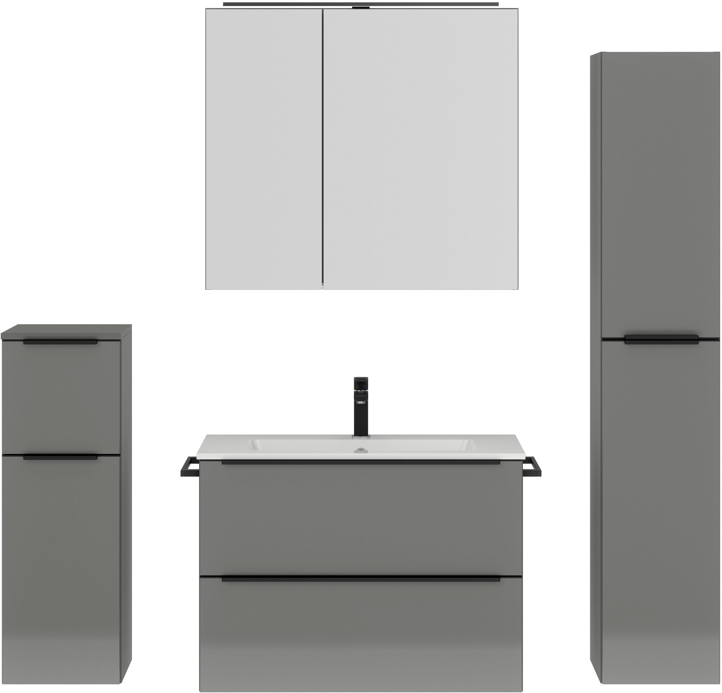 nobilia® Badmöbel-Set »Levere«, (4 St., vormontiert, mit Soft-Close), inkl. Spiegelschrank mit Beleuchtung und Dimmerfunktion, in 4 Breiten