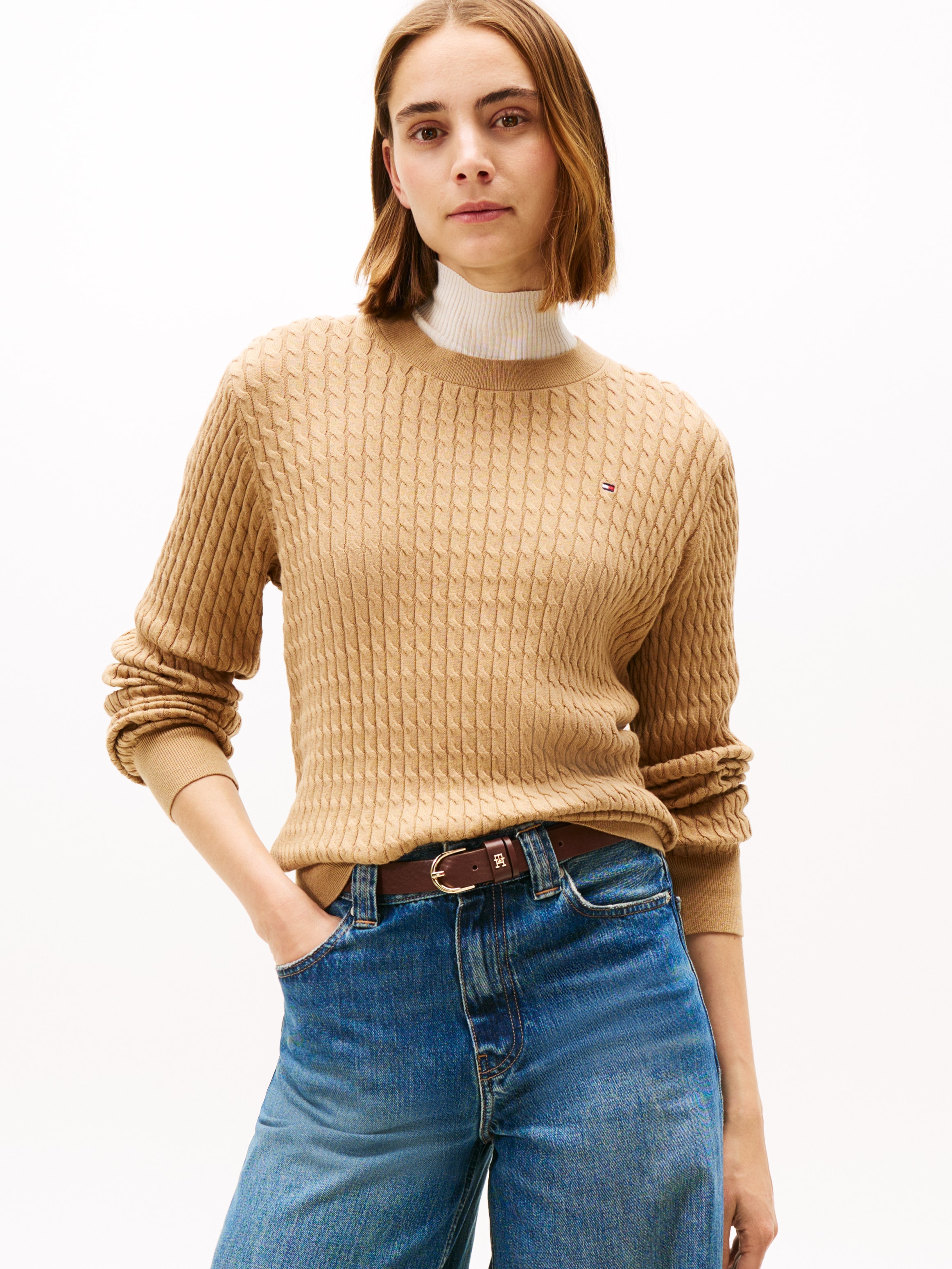 Tommy Hilfiger Rundhalspullover »CO CABLE C-NK LS SWEATER«, mit Zopfmuster