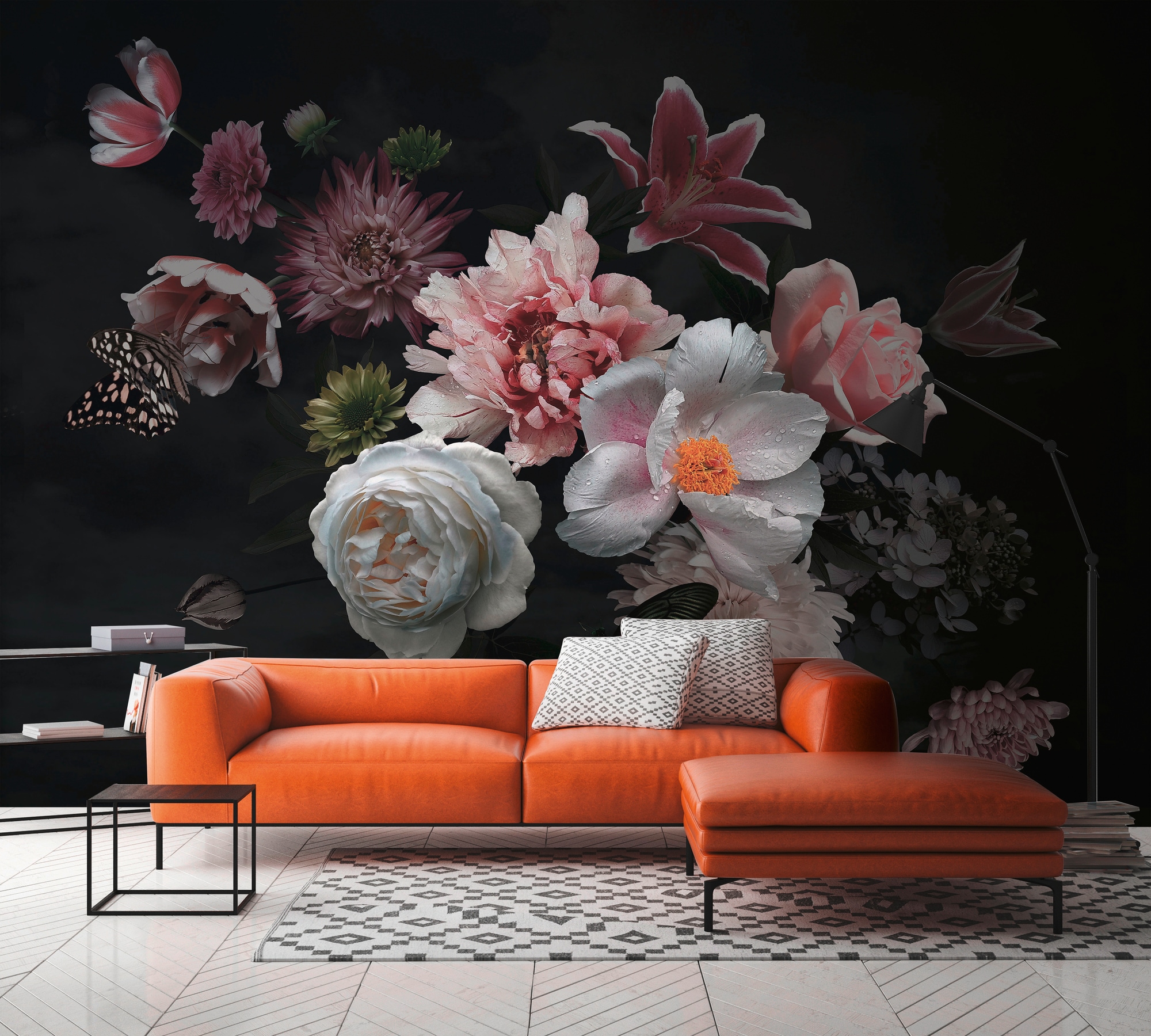 A.S. Création Vliestapete "Fototapete Dunkle Blumen Stillleben Schmetterlinge" matt strukturiert