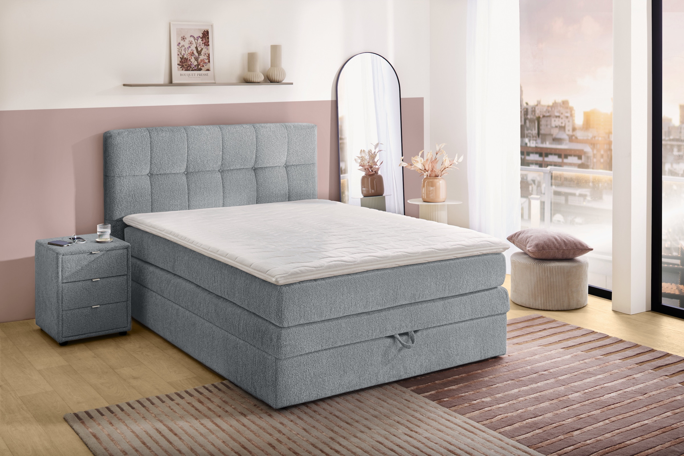 Jockenhöfer Gruppe Boxspringbett "AMY mit Bettkasten, inkl. Bonnell- oder Taschenfederkernmatratze H2-H4" mit 6 cm Kaltschaum-Topper, Chenille-Bezug, 120x200 und 140x200 cm