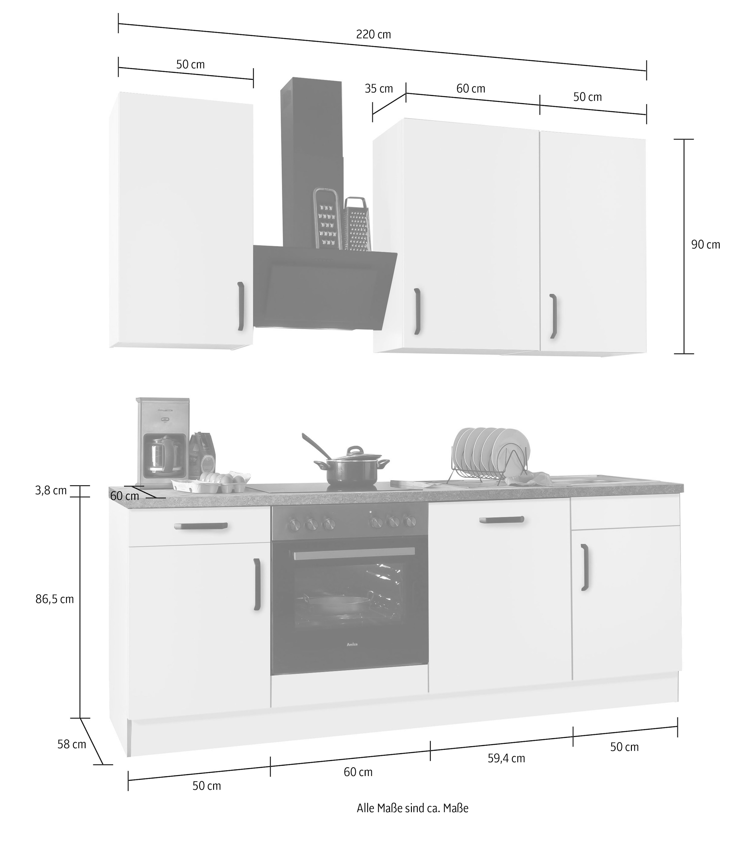 wiho Küchen Küchenzeile »"Simi", wahlweise mit E-Geräten, mit verstellbaren Füßen«, Soft-Close-Funktion in Schubkästen und Auszügen, Breite 220 cm