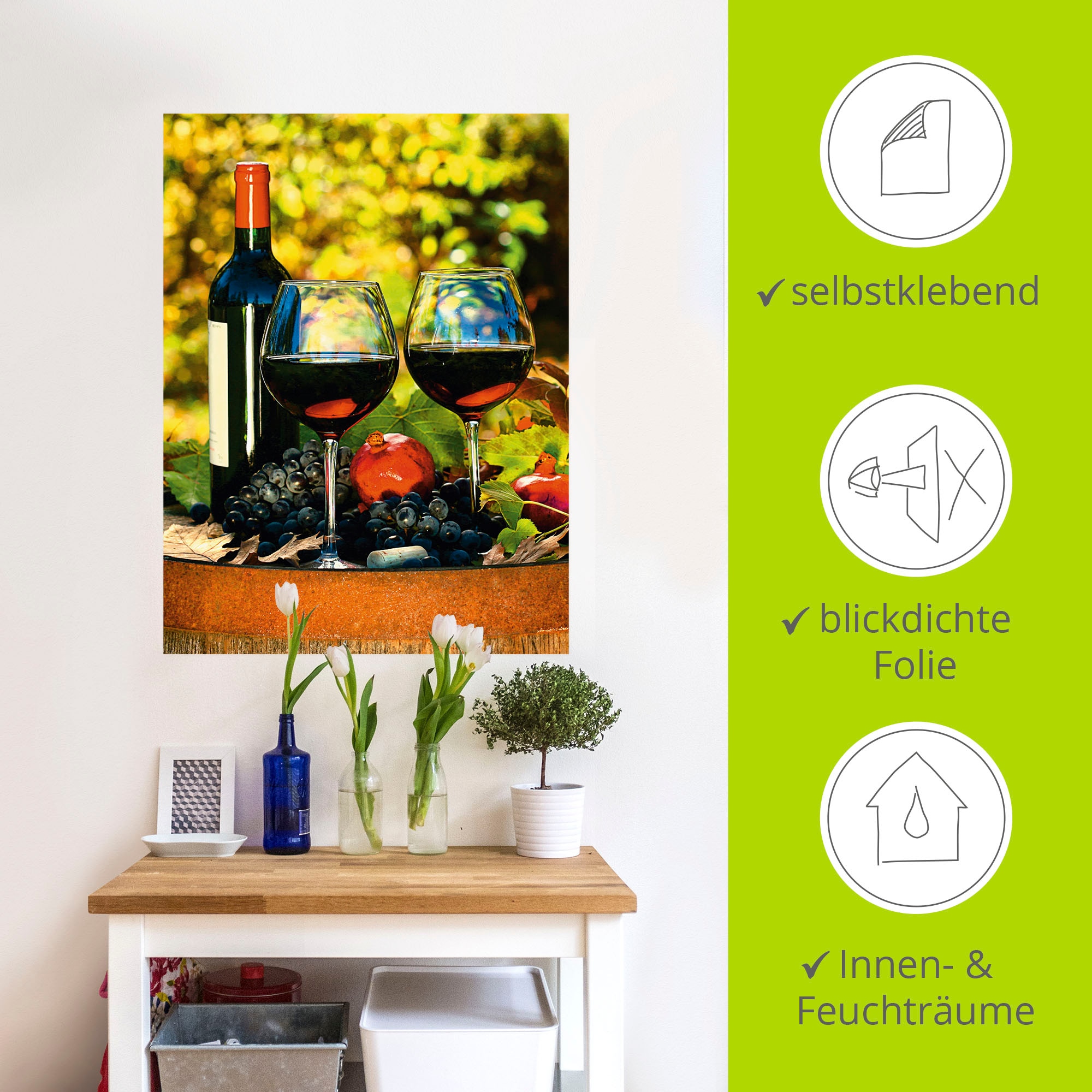 Artland paveikslas »Gläser Rotwein ant altem Fass« Getränke (1 St.) kaip Plakatas Sienos lipdukai in verschied. dydžiai