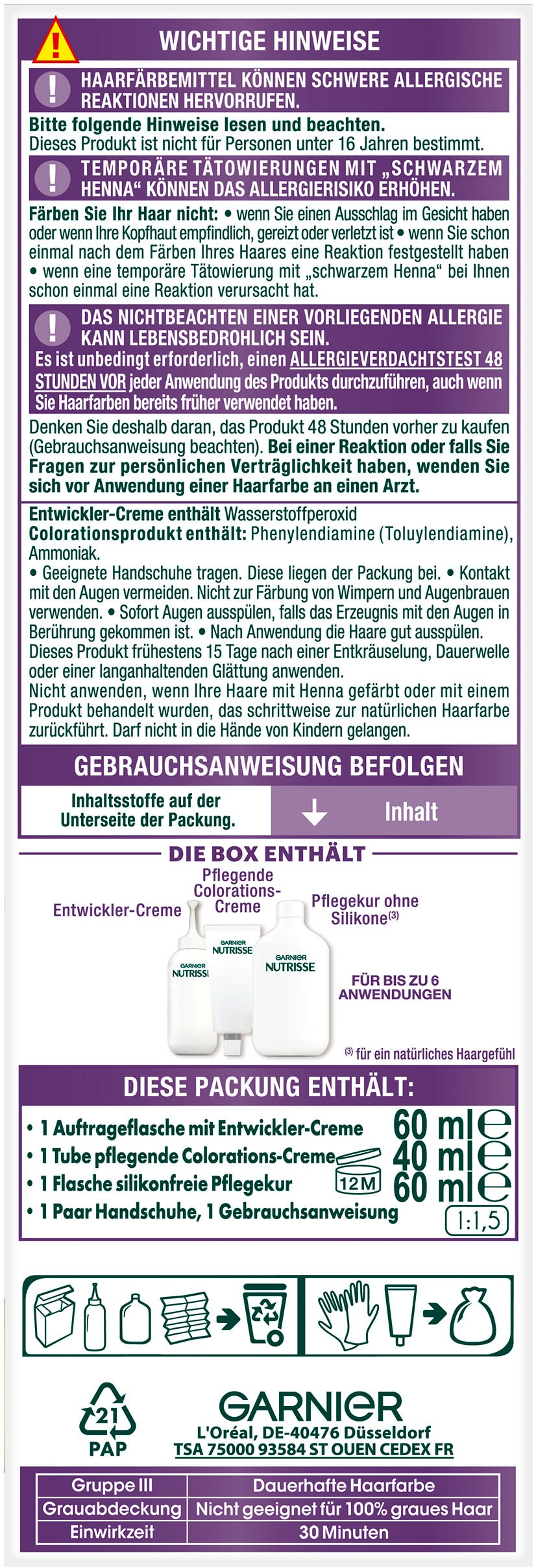 GARNIER Coloration »Garnier Nutrisse Ultra Color«, (Packung, 3 tlg.), mit pflegender Formel