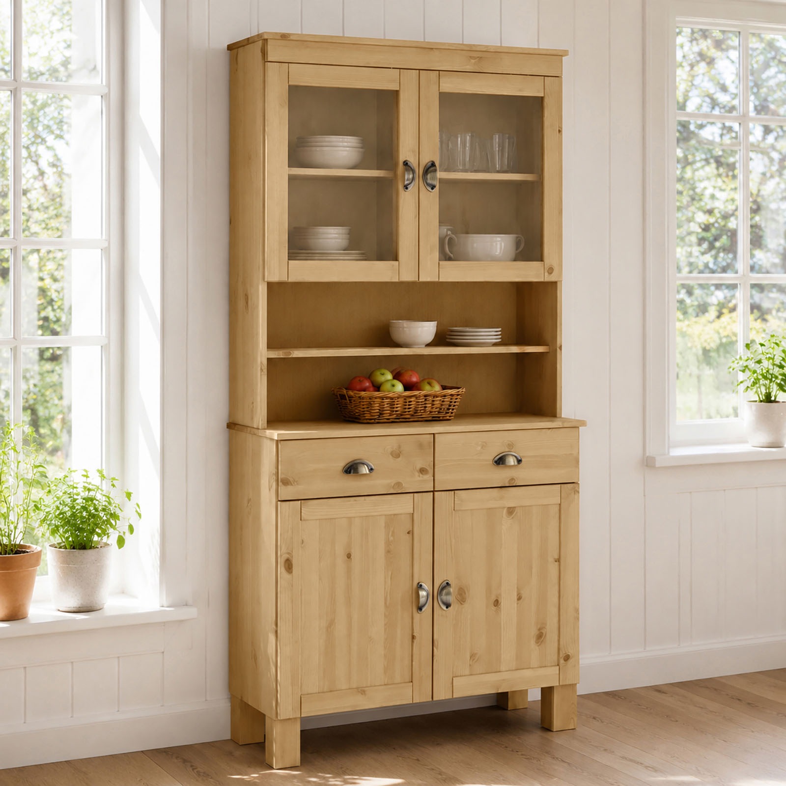 Home affaire Küchenbuffet »Oslo« 85 cm breit, aus massiver Kiefer, mit 2 Glastüren, Metallgriffe