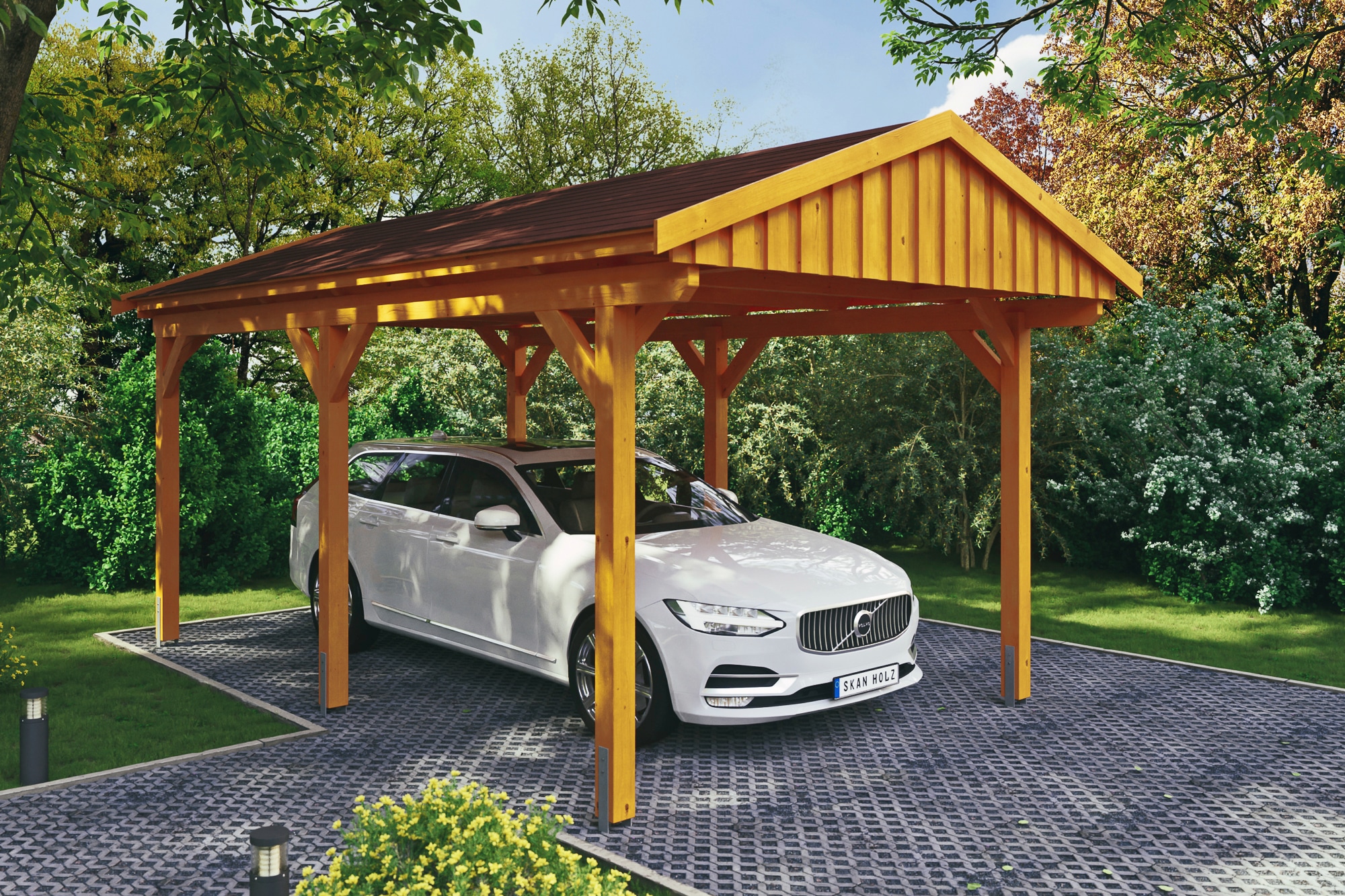 Skanholz Einzelcarport "Fichtelberg" Leimholz hellbraun mit roten Schindeln