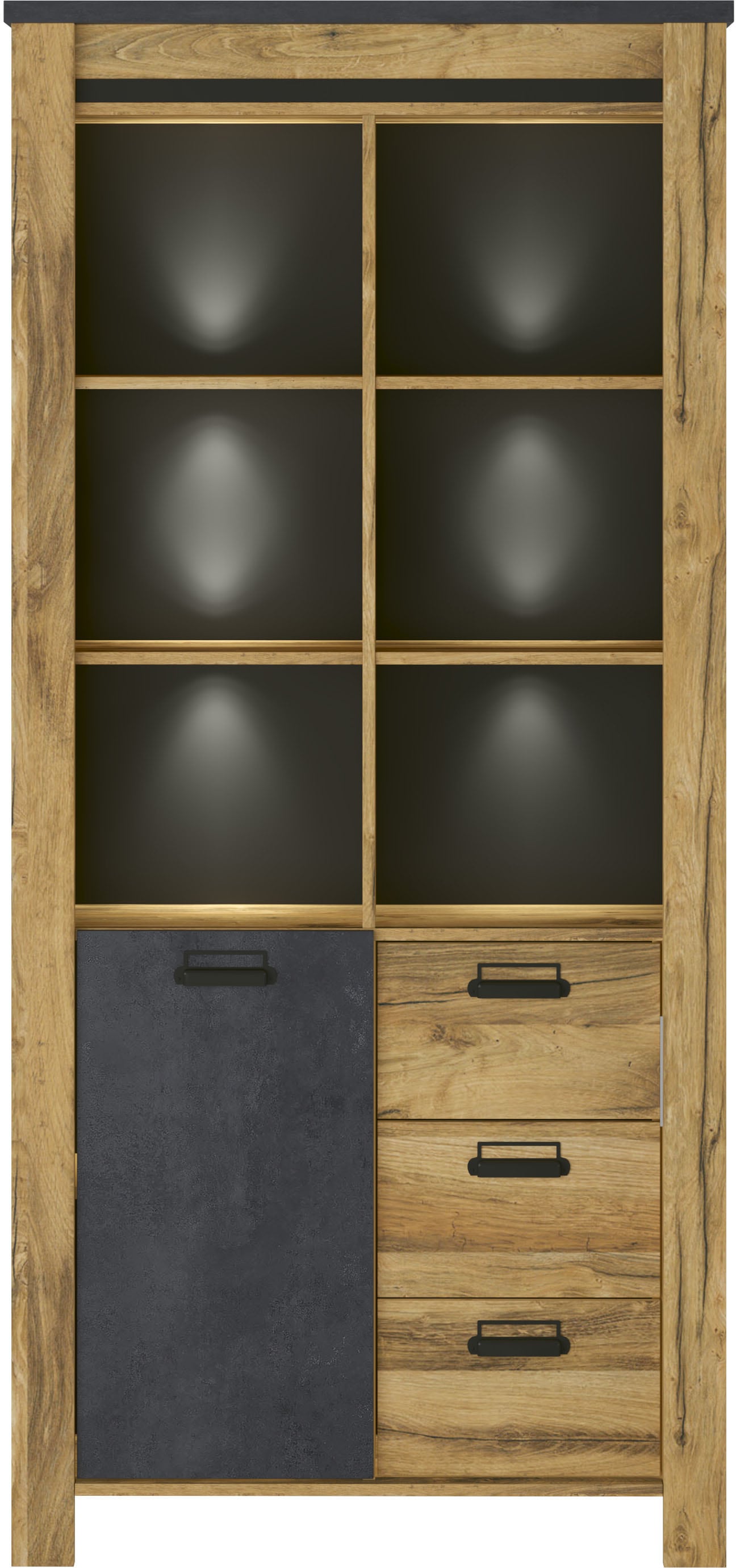 Home affaire Vitrine »York, moderner Hochschrank, Schrank in Hunton Oak Dekor«, mit Apothekergriffen aus Metall, Industrialdesign, 200 cm hoch