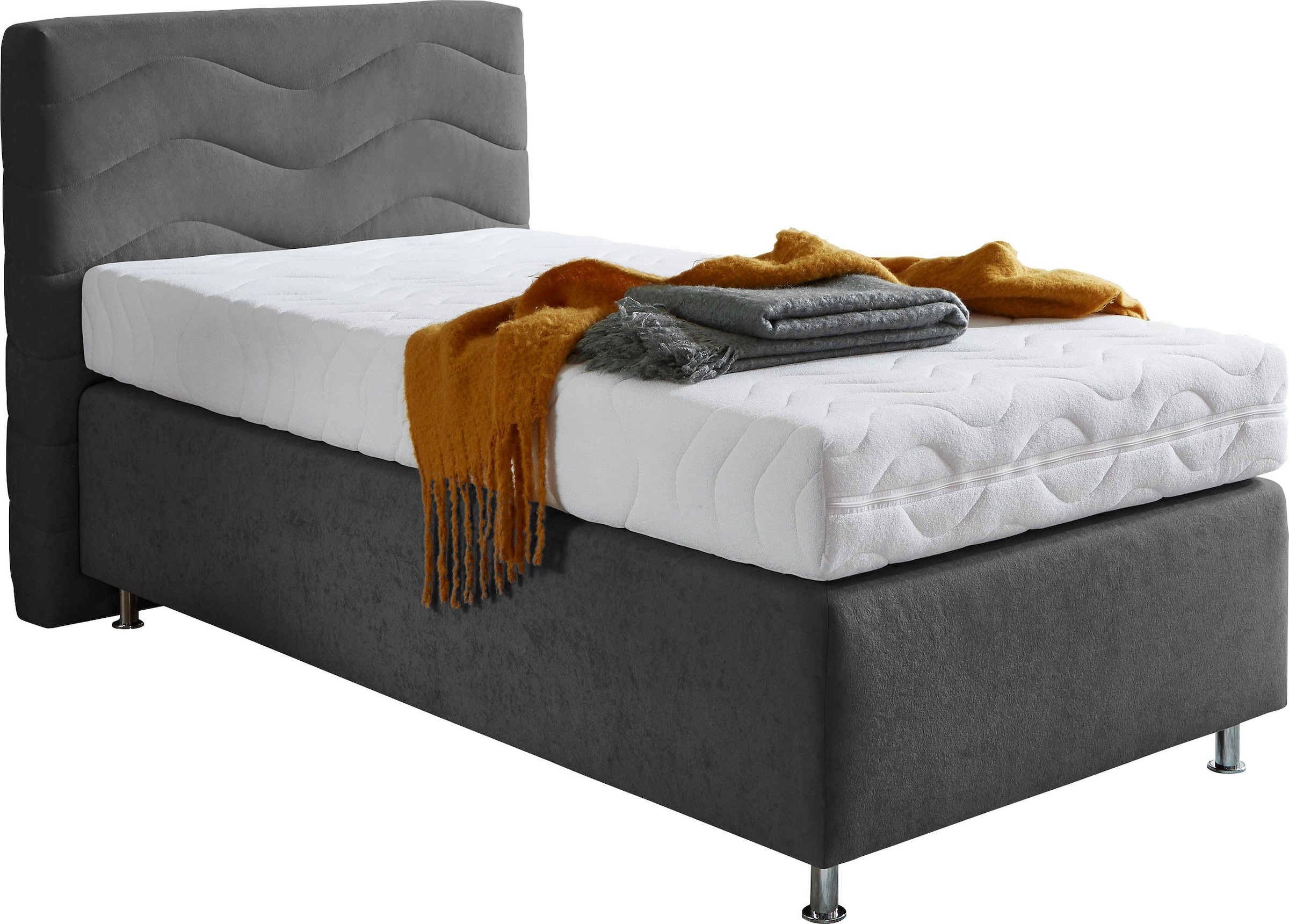 Boxspringbett "Sigma", grau (anthrazit), B:135cm L:210cm, Bezug Bett: Microvelours (100% Polyester) oder Feinstruktur (100% Polyester);Bezug Bonnell-Federkernmatratze: 100% Polyester;Bezug Kaltschaummatratze: 100% Polyester;Bezug Tonnentaschenfederkernmat