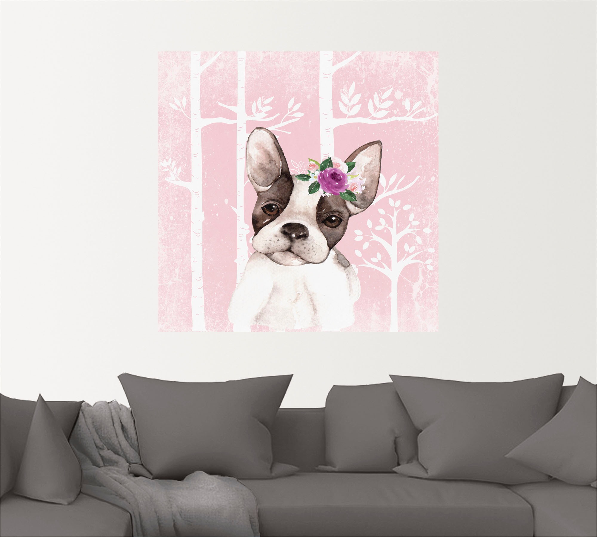 Artland Wandbild "Mops Hund mit Blumen im pink Wald", Tiere, (1 St.), als P günstig online kaufen