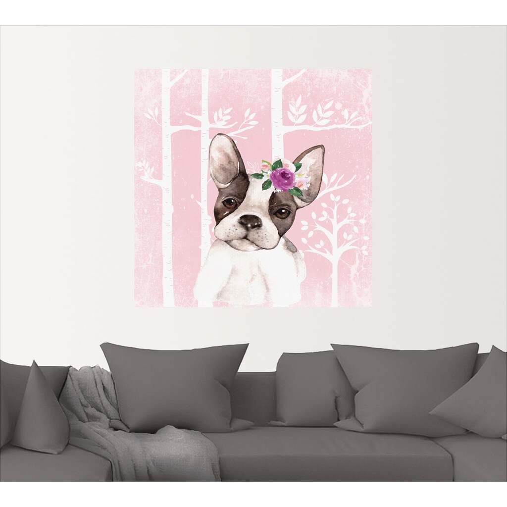 Artland Wandbild »Mops Hund mit Blumen im pink Wald«, Tiere, (1 St.)