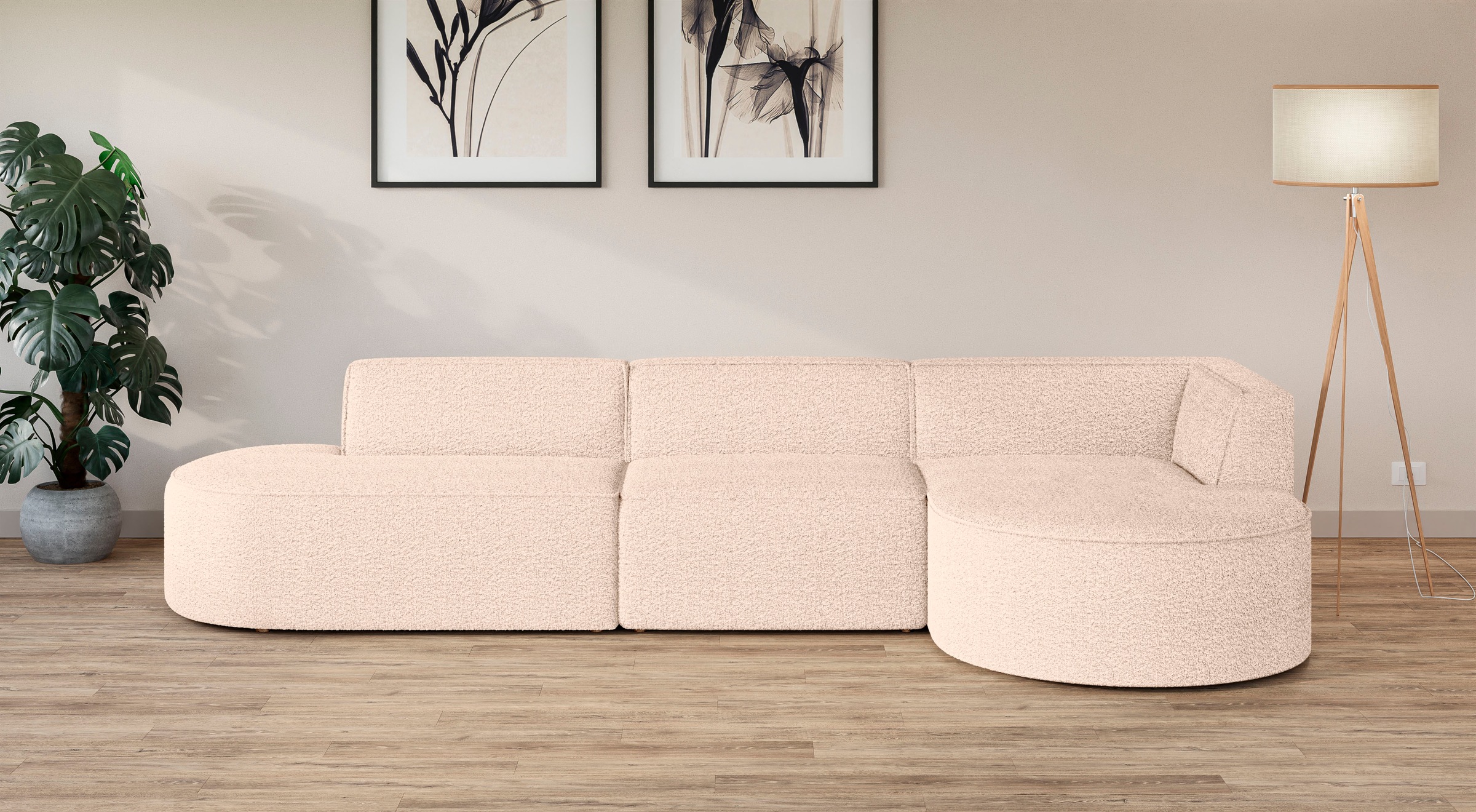 andas Ecksofa »EIVIND Designer Sofa mit Ottomane rechts/links, B/T/H: 343/159/72 cm«, L-Form mit Wellenunterfederung, auch in Feincord und Bouclé