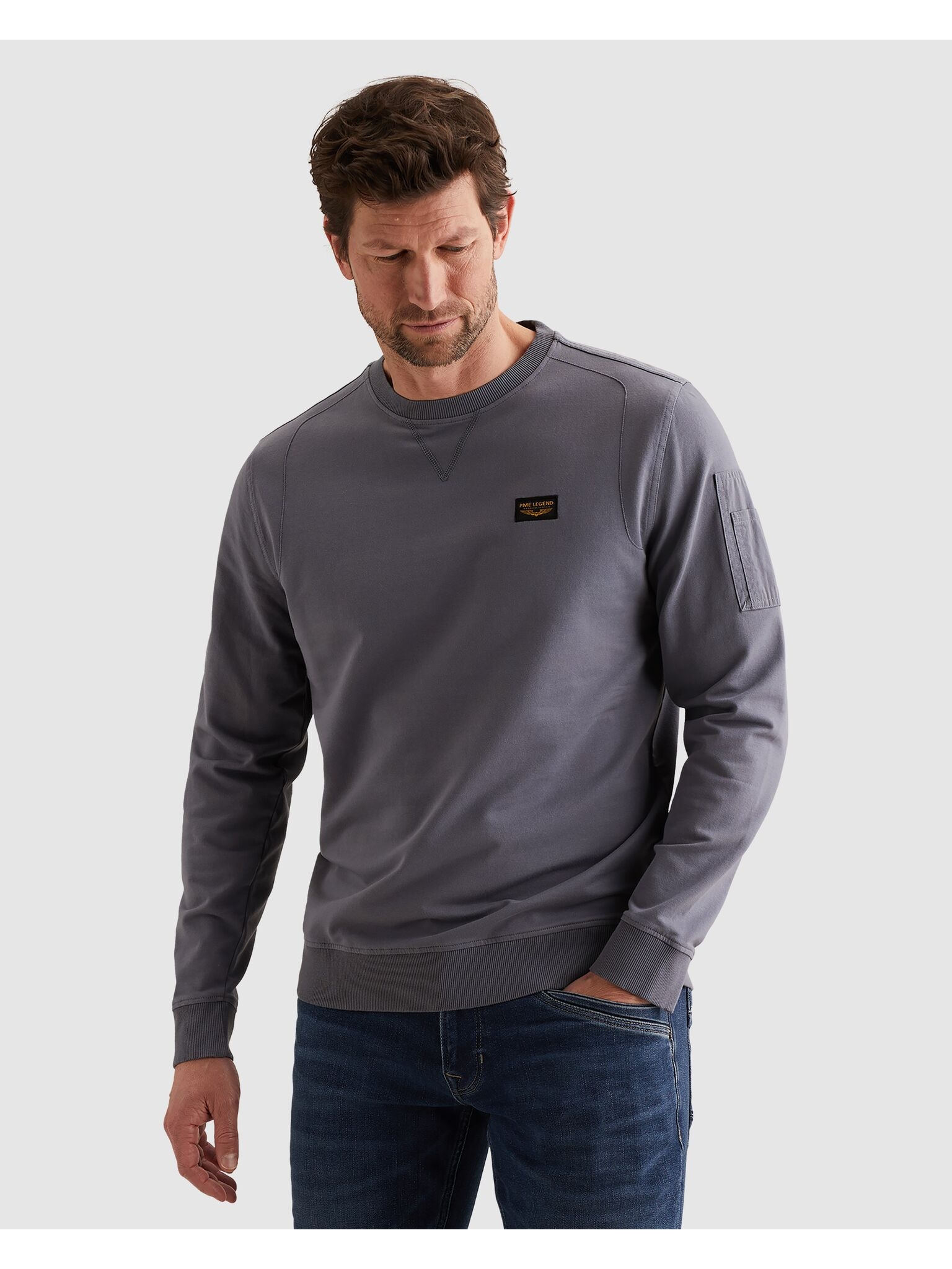 Sweatshirt PME LEGEND "Airstrip sweat", Herren, Gr. XXL, folkstone grau, Sweatware, Obermaterial: 95% Baumwolle, 5% Elasthan, unifarben, regular fit normal, Rundhals, Rippbündchen, Sweatshirts Sweatshirt, mit Logo Stickerei
