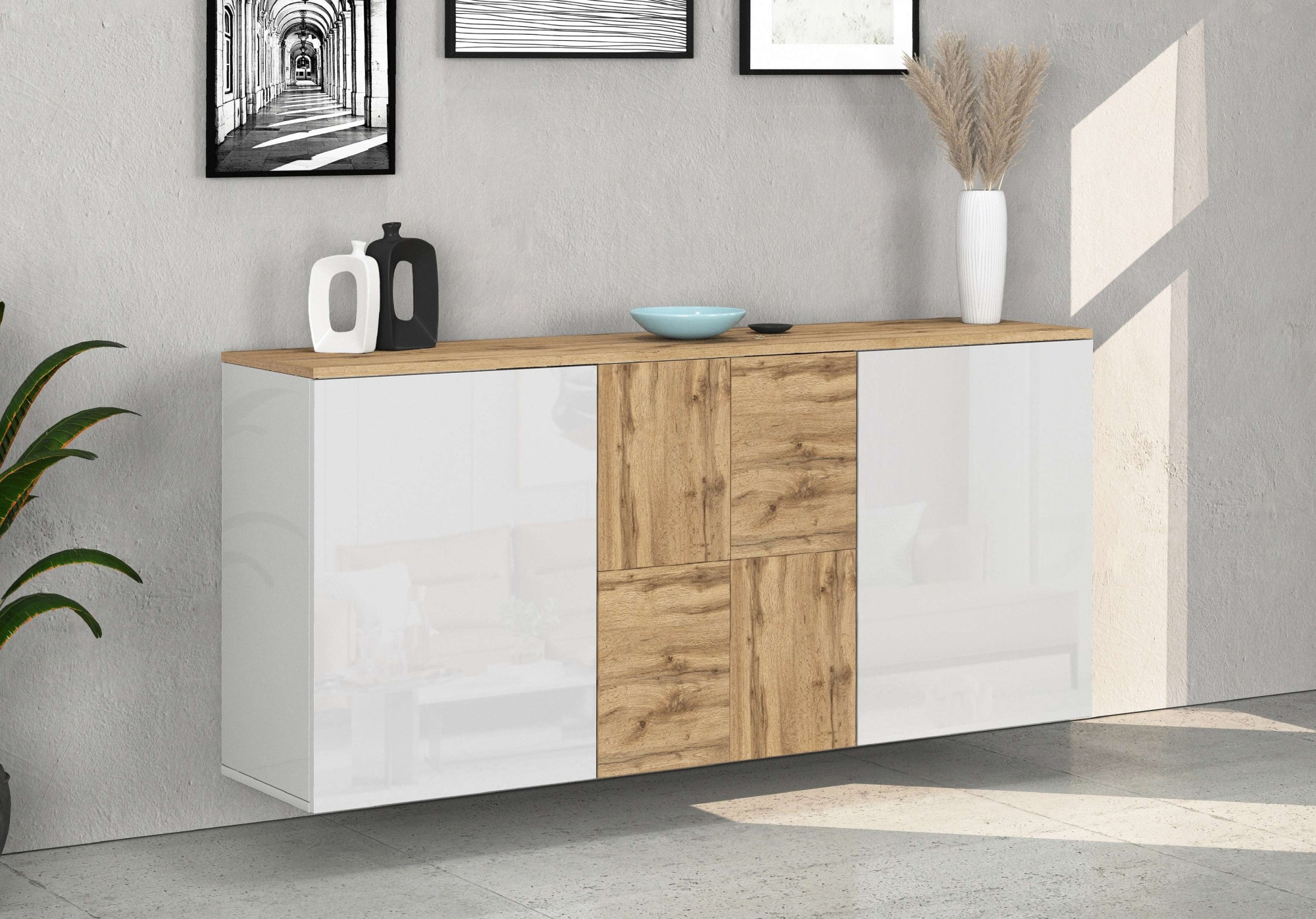 INOSIGN Sideboard »Sideboard ISEO, Kommode, Schrank, Kredenz« 1 Stk. tlg. stehend/hängend, 3 Türen HG lackiert, 6 Fächer, B 150 cm