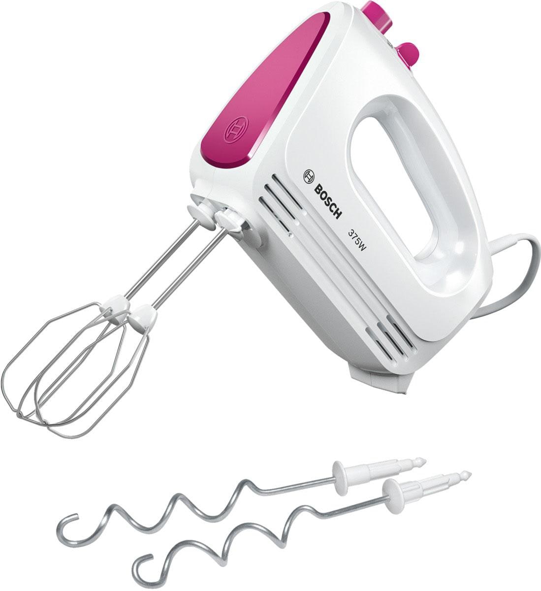 BOSCH Handmixer "CleverMixx MFQ2210P, Edelst. Rührbesen/Knethaken, 4 Stufen, weiß/pink", 375 W, Turbotaste, ergonomische