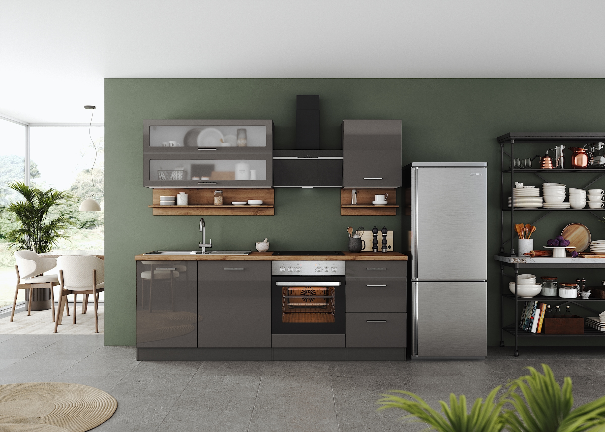 KOCHSTATION Küchenzeile »KS-Milan«, 220 cm breit, robuste Metallauszüge, viel Stauraum