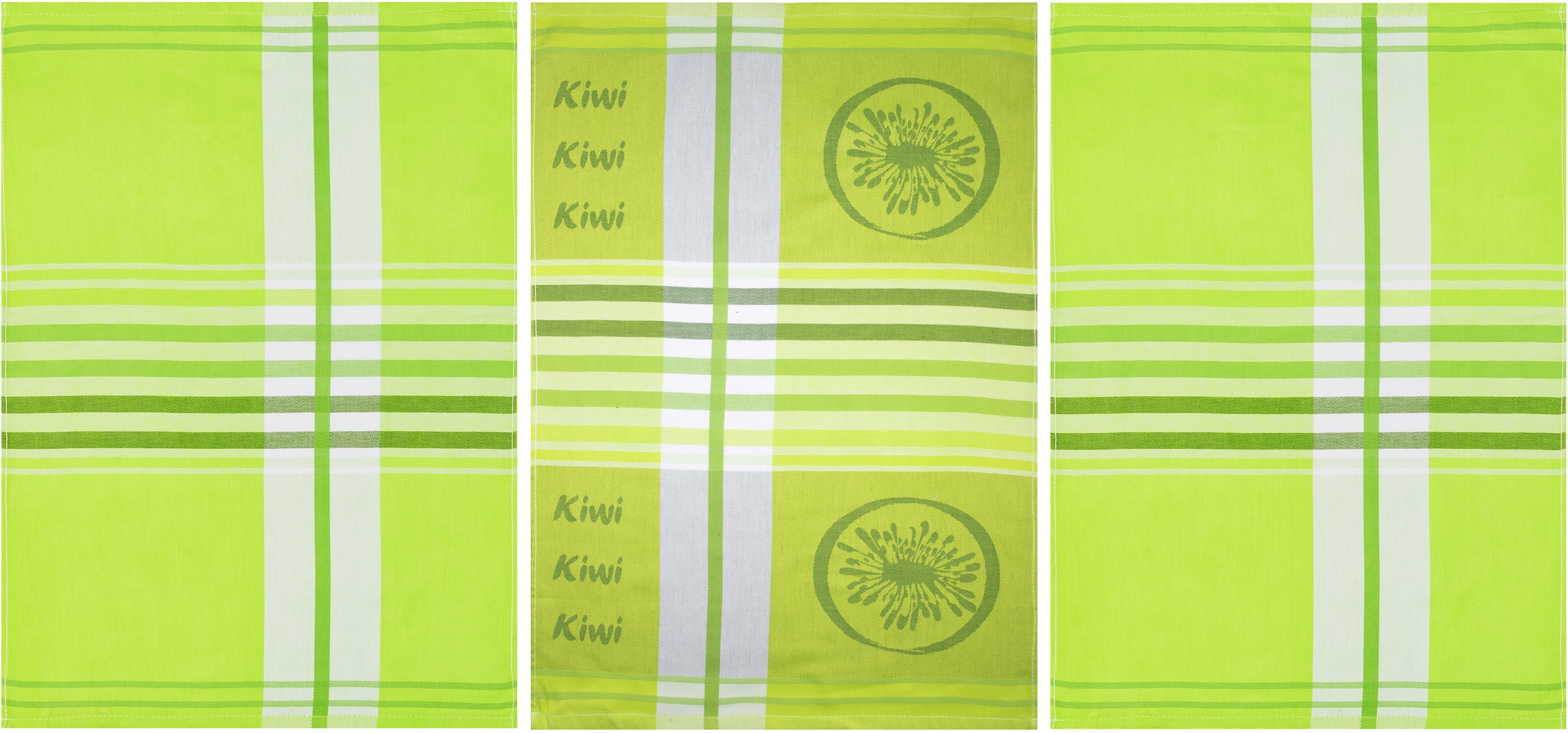 stuco Geschirrtuch »Summer Fruits Kiwi«, (Set, 3 tlg., 1x Geschirrtuch Früchte-Motiv,2 weitere Geschirrtücher Streifenoptik), Jacquardgewebe