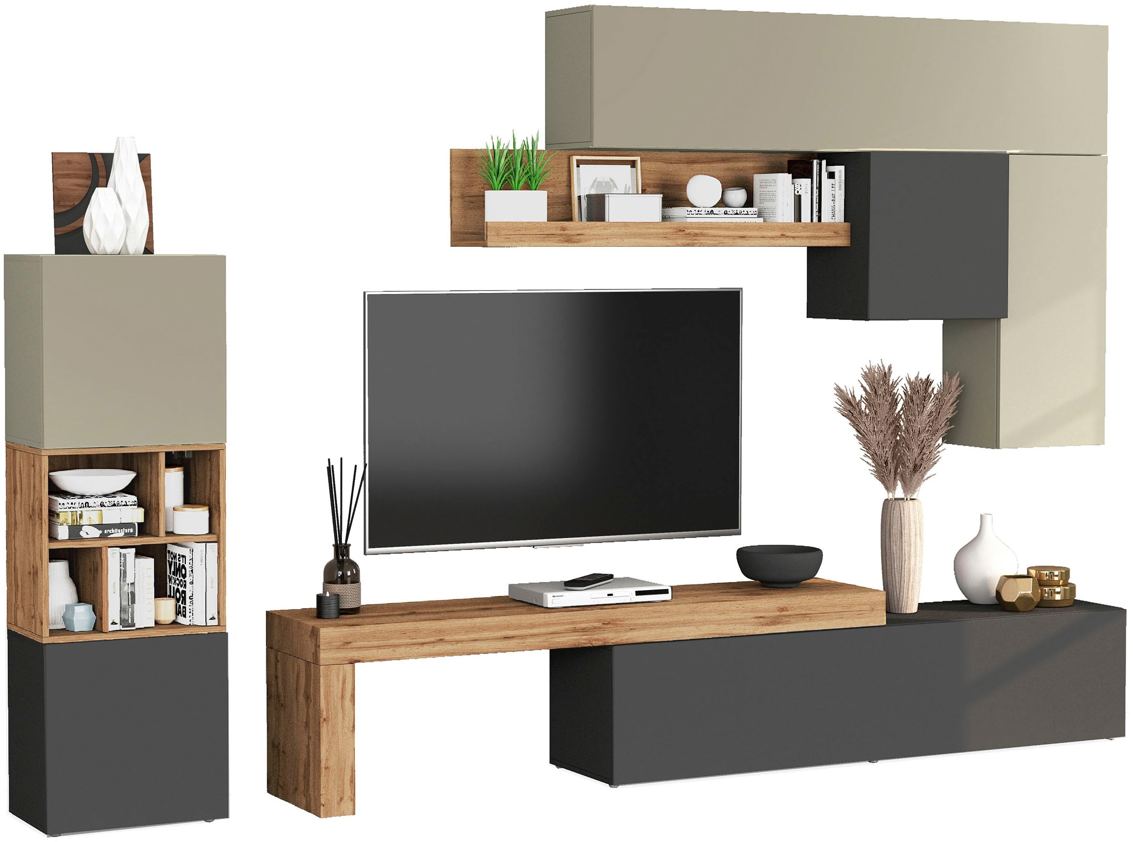 INOSIGN Wohnwand »Chronos Wohnwand, Medienwand, 8-er set«, (Set, 8 St.), ca. 320 cm mit Hängeschränke, Würfel, Regal, Lowboard, Made in Italy