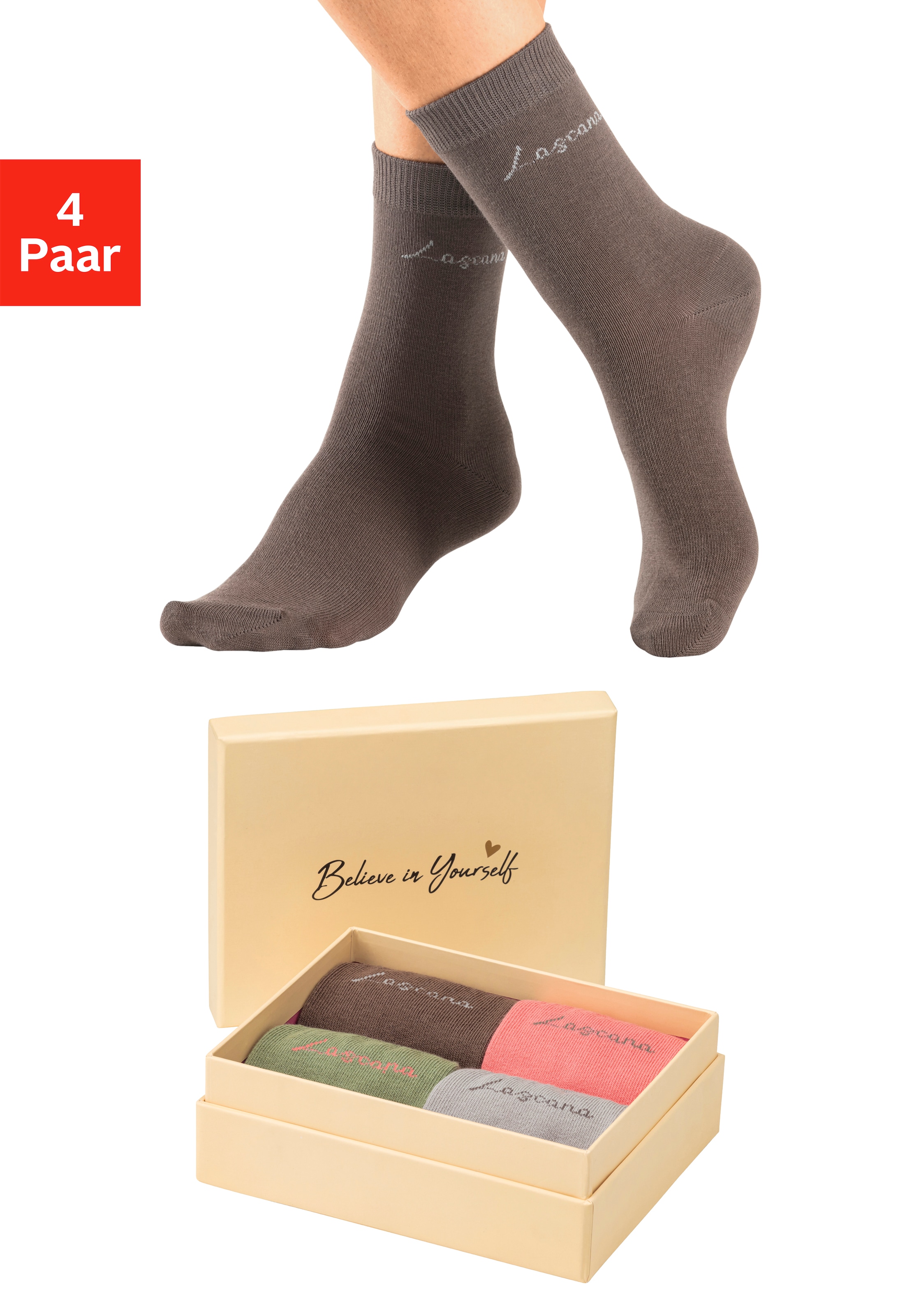 LASCANA Basicsocken »Believe in Yourself«, (Box, 4 Paar), in ansprechender Geschenkbox