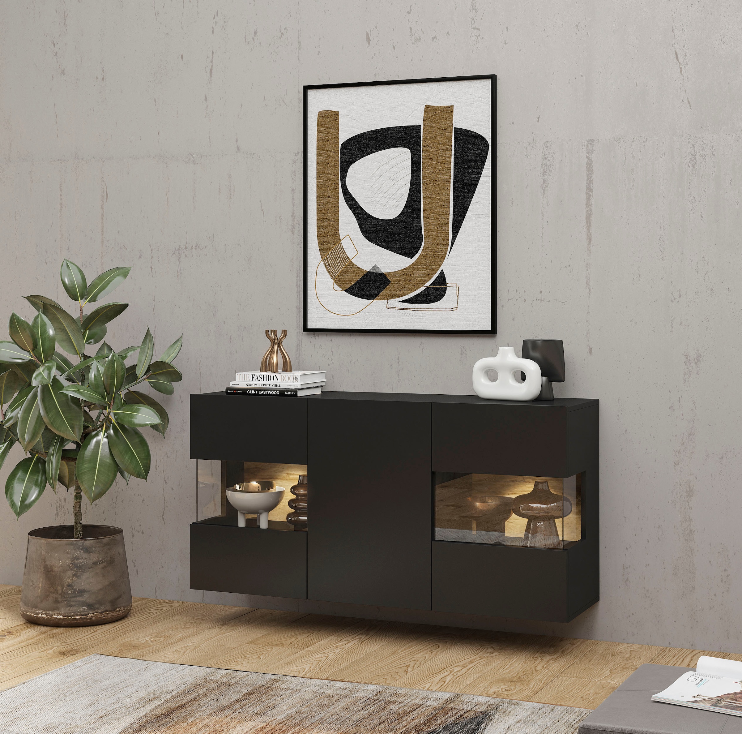 INOSIGN Sideboard »Ava, Breite 120 cm, hängend und stehend montierbar«, moderne grifflose Kommode, Anrichte, 3Türen, Eckverglasung