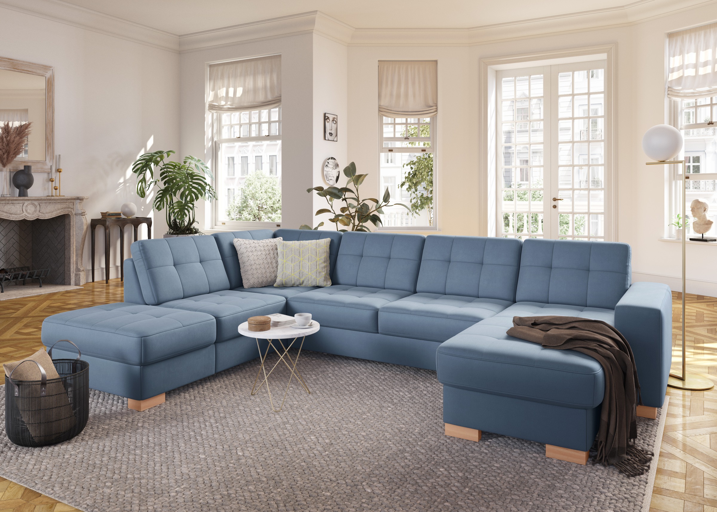 Wohnlandschaft SIT & MORE, B:312cm H:82cm T:213cm, blau, Sofas, "Quincy U-Form", wahlweise mit Schlaffunktion und Bettkasten