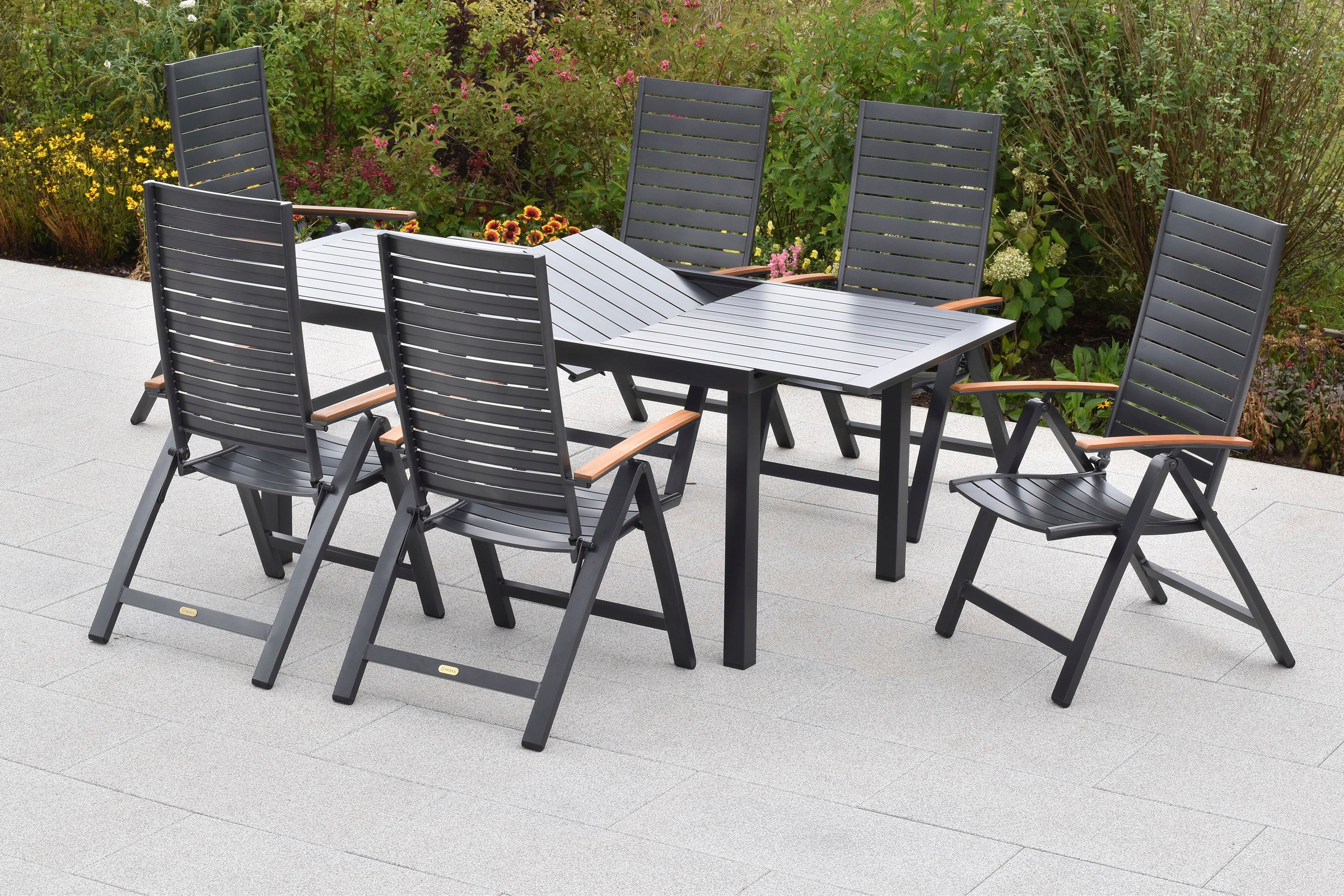 MERXX Garten-Essgruppe »»Astros««, (Set, 7 tlg., Tischplatte aus Aluminium, Armlehnen aus Akazienholz), Rückenlehne 5-fach verstellbar