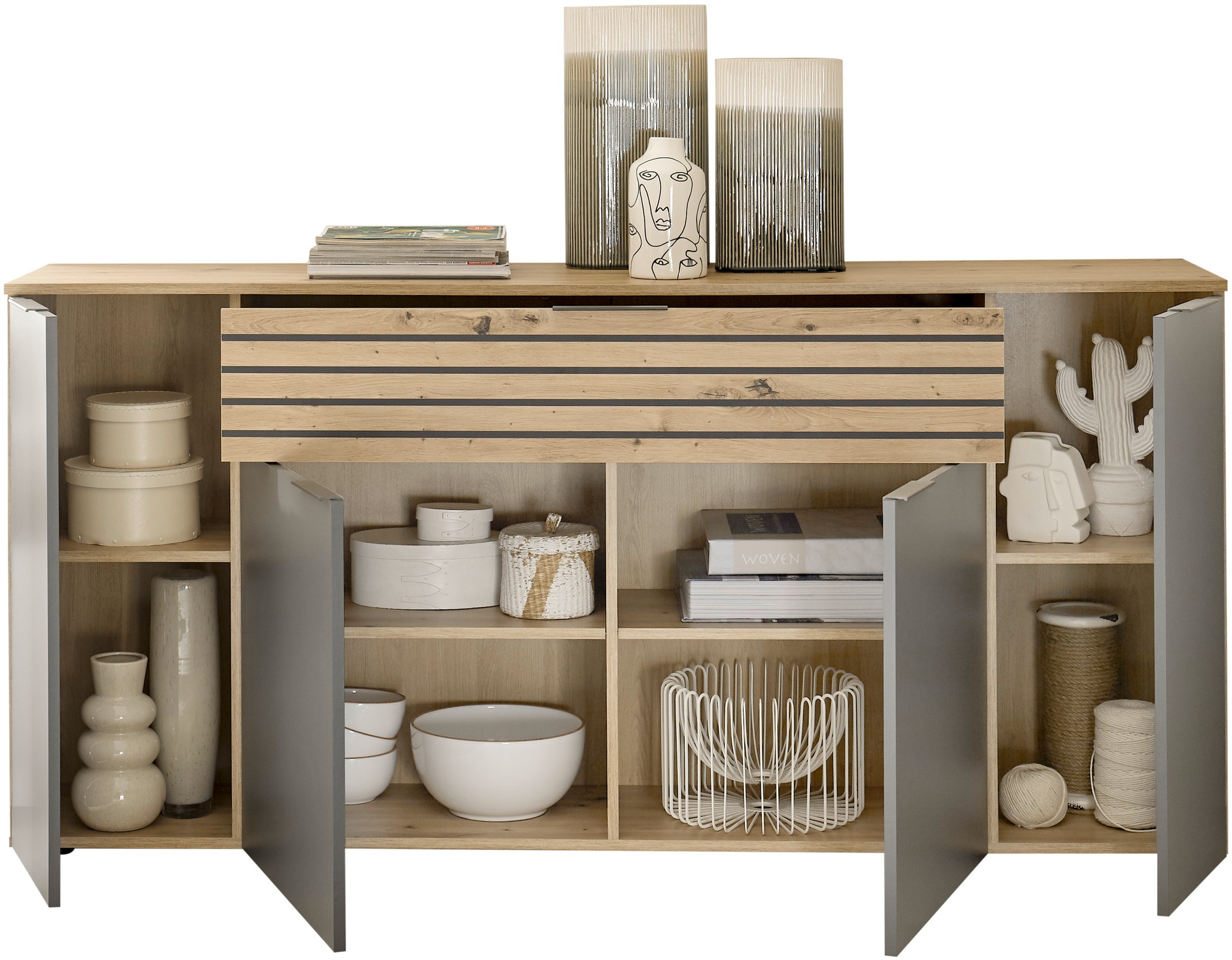 HBZ Sideboard »BZ 5110«, (1 St.), weiß oder Grau, Wohnzimmerschrank mit Absetzungen in Eiche Artisan