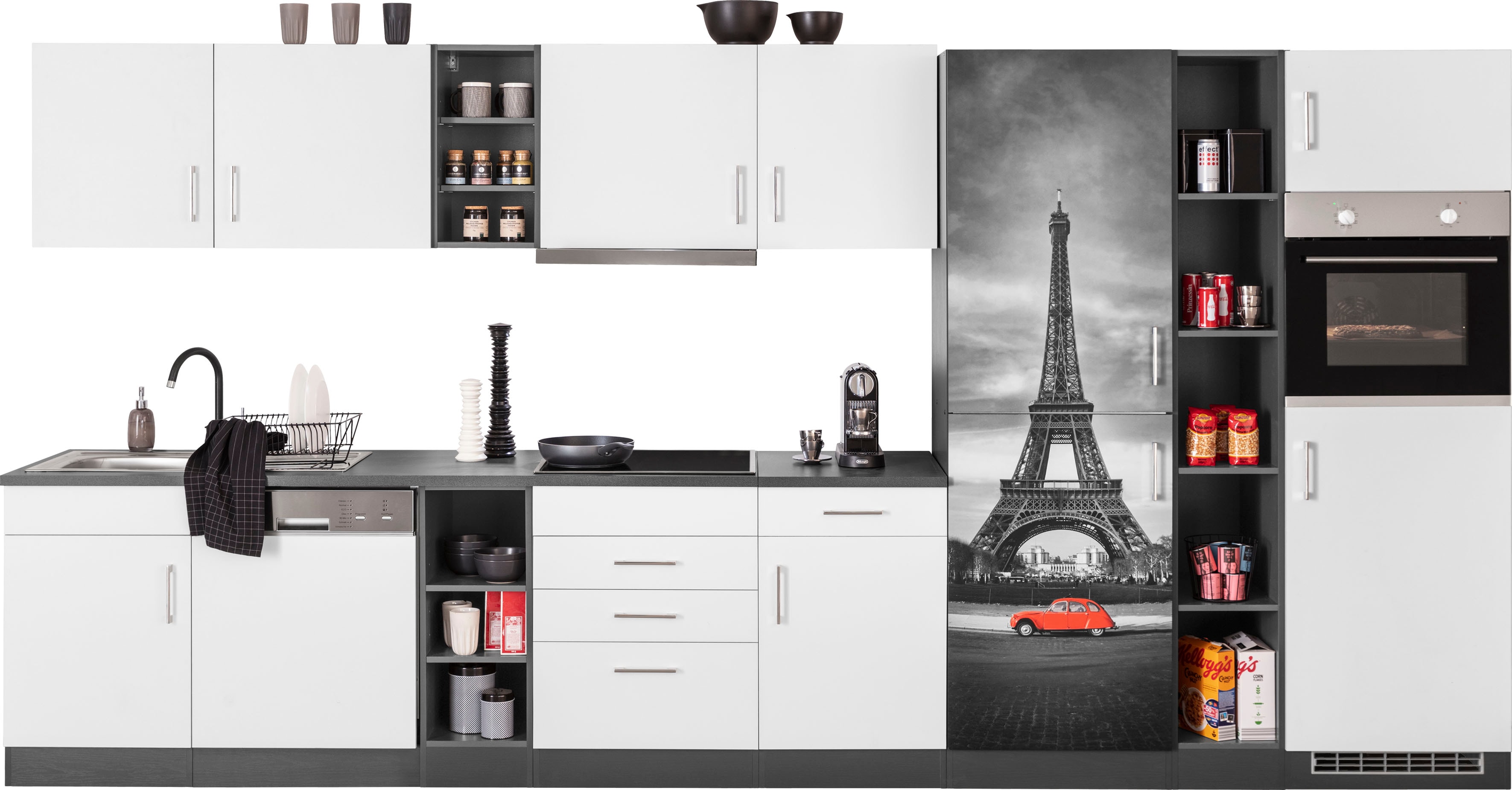 KOCHSTATION Küchenzeile "KS-Paris – Küchen mit einzigartigen Fotomotiven auf den Fronten" Breite 400 cm, wahlweise mit E-Geräten und Induktion