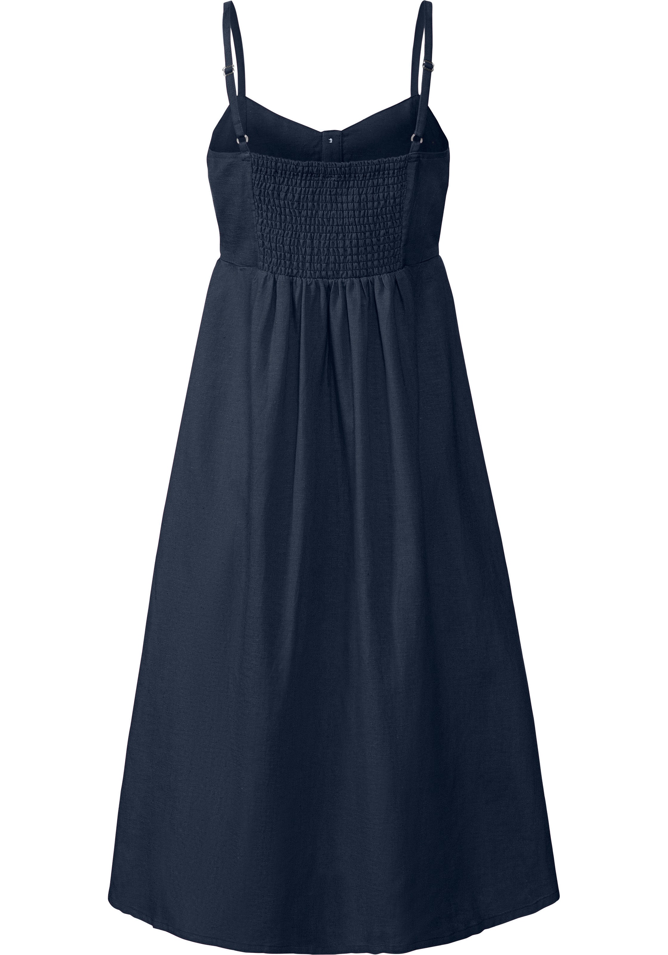 Sommerkleid LASCANA, Damen, Gr. 38, N-Gr, blau (marine), Web, Obermaterial: 58% Viskose, 28% Baumwolle, 14% Leinen, unifarben, figurumspielend Midi, V-Ausschnitt, Kleider Sommerkleid, aus Leinenmix mit Baumwolle, Midikleid, Strandkleid 3