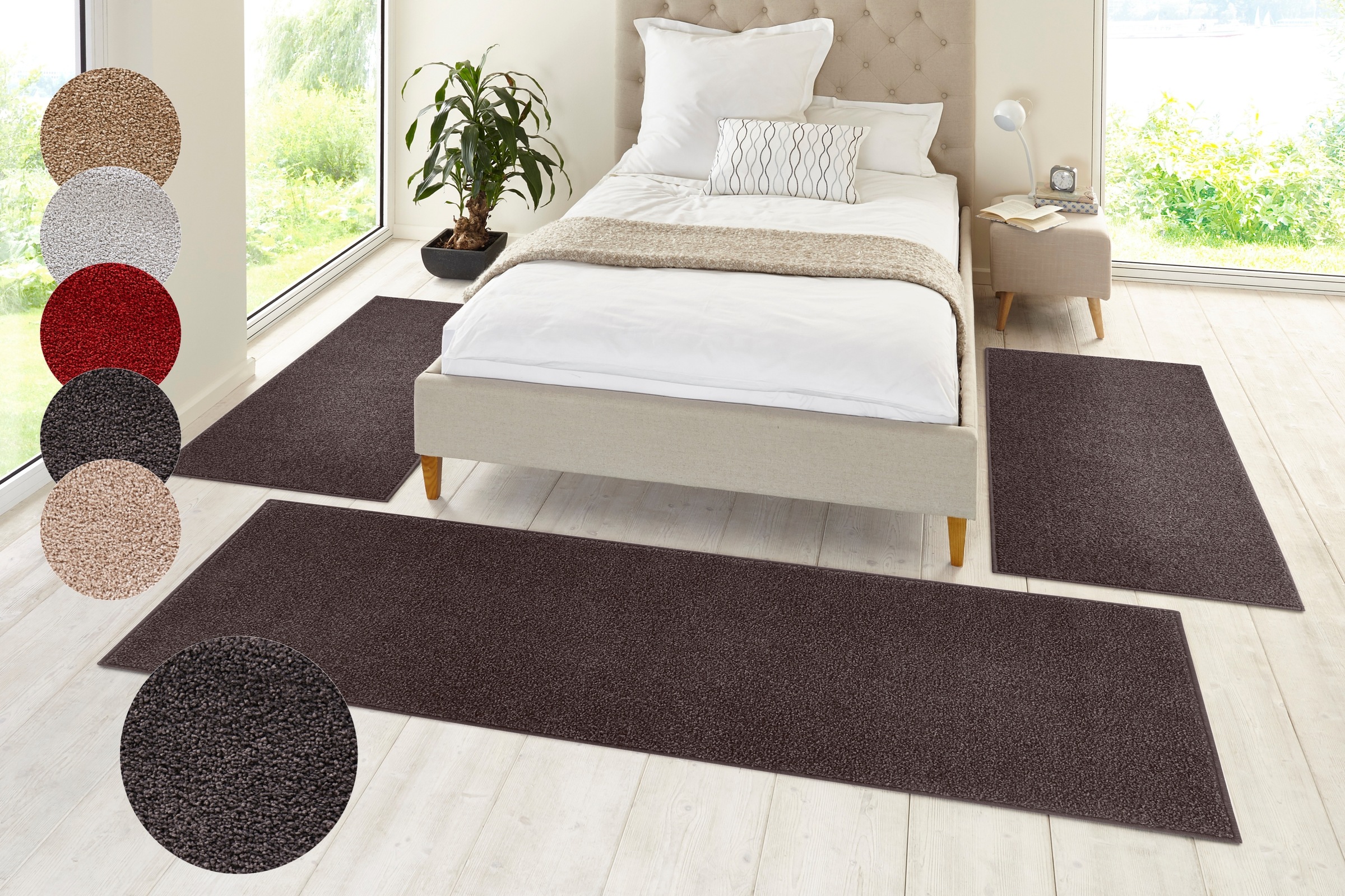 HANSE Home "Pure 100" Höhe 13 mm 3 Stk. tlg. Kurzflor, Unifarben, Teppich, Bettläufer, Bettvorleger, Teppichläufer