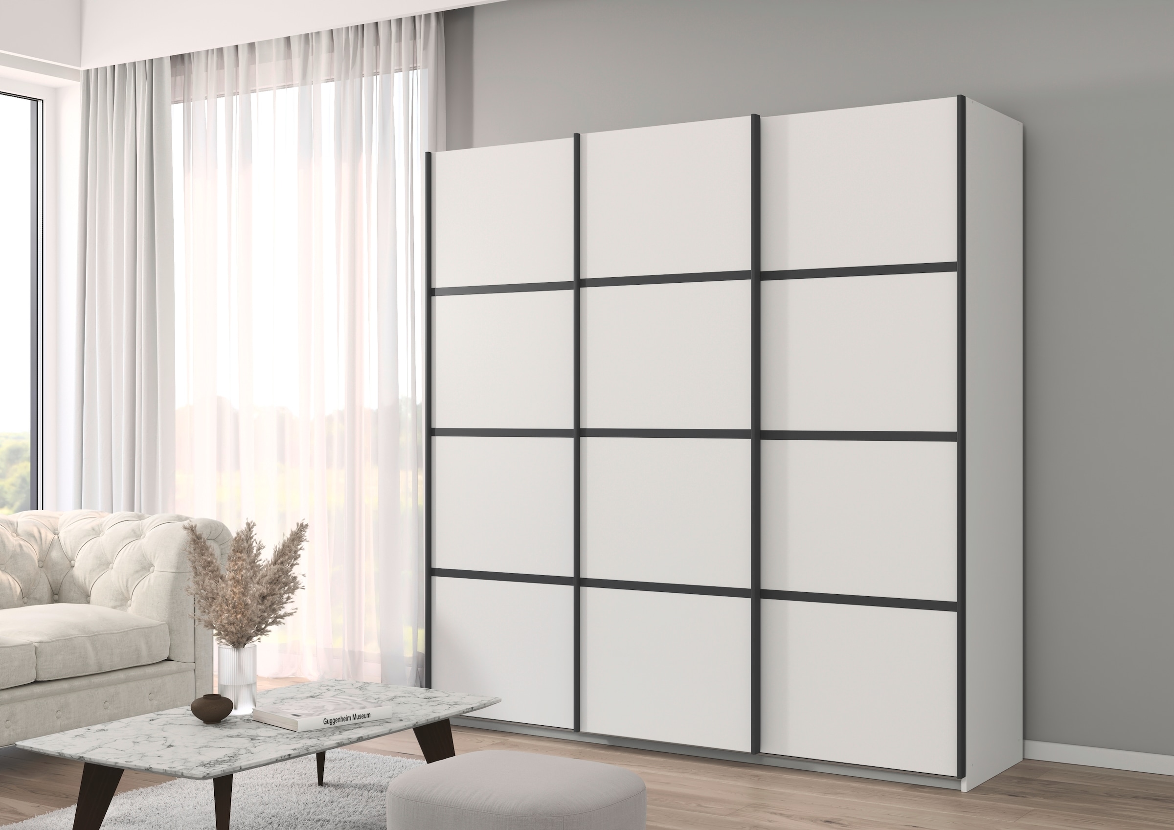 rauch Kleiderschrank »Schwebetürenschrank OTTO´s Choice Garderobe Schrank TOP ANGEBOT Avola«, (in 3 verschiedenen Ausstattungen BASIC/CLASSIC/PREMIUM), mit eleganten Zierleisten in Chrom, Schwarz oder Weiß MADE IN GERMANY
