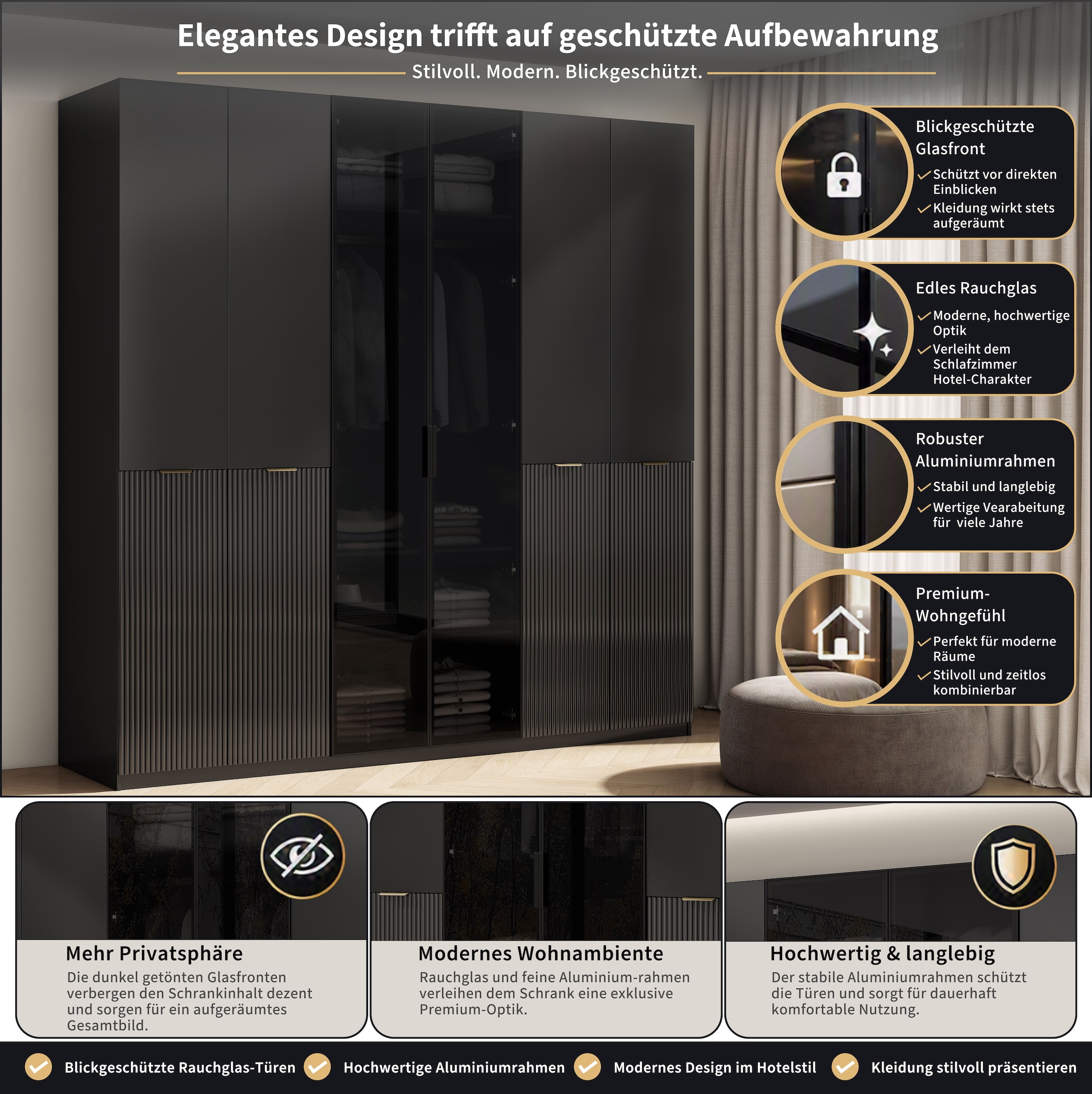 OTTO home Kleiderschrank »Jorella Schlafzimmerschrank Garderobe mit Softclose Türen Glastüren« eleganter Schlafzimmerschrank Rillendesign Trend Breite 241cm Grauglas