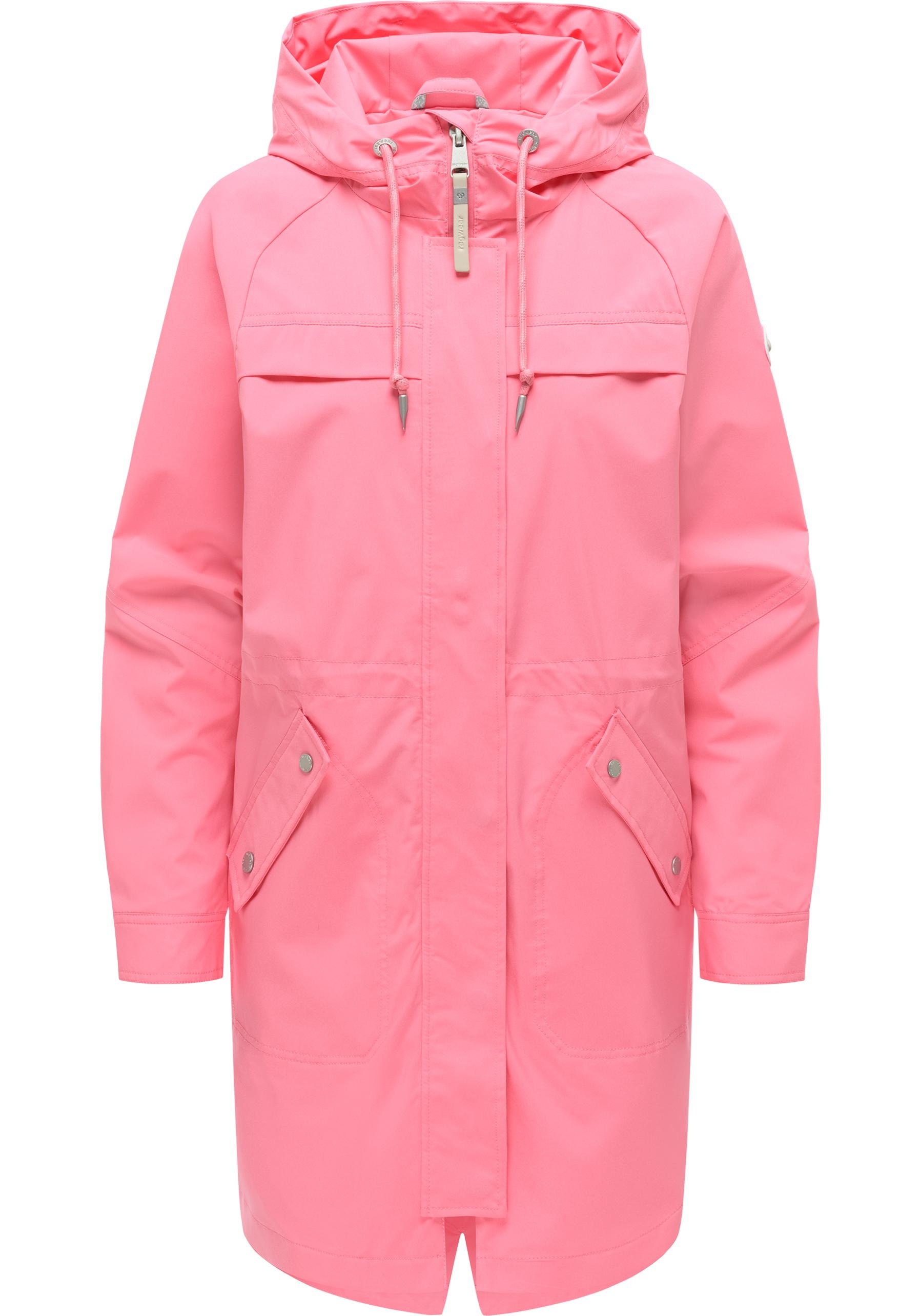Regenmantel RAGWEAR "Ximenna", Damen, Gr. S (36), pink, Obermaterial: 100% Polyester; Innenfutter: 100% Polyester, gerade ca. Mitte Oberschenkel, hoch geschlossener Ausschnitt, mit Knopf,Ärmel mit Ärmelschlitz abgesteppte Kante mit Druckknopf, Mäntel, was