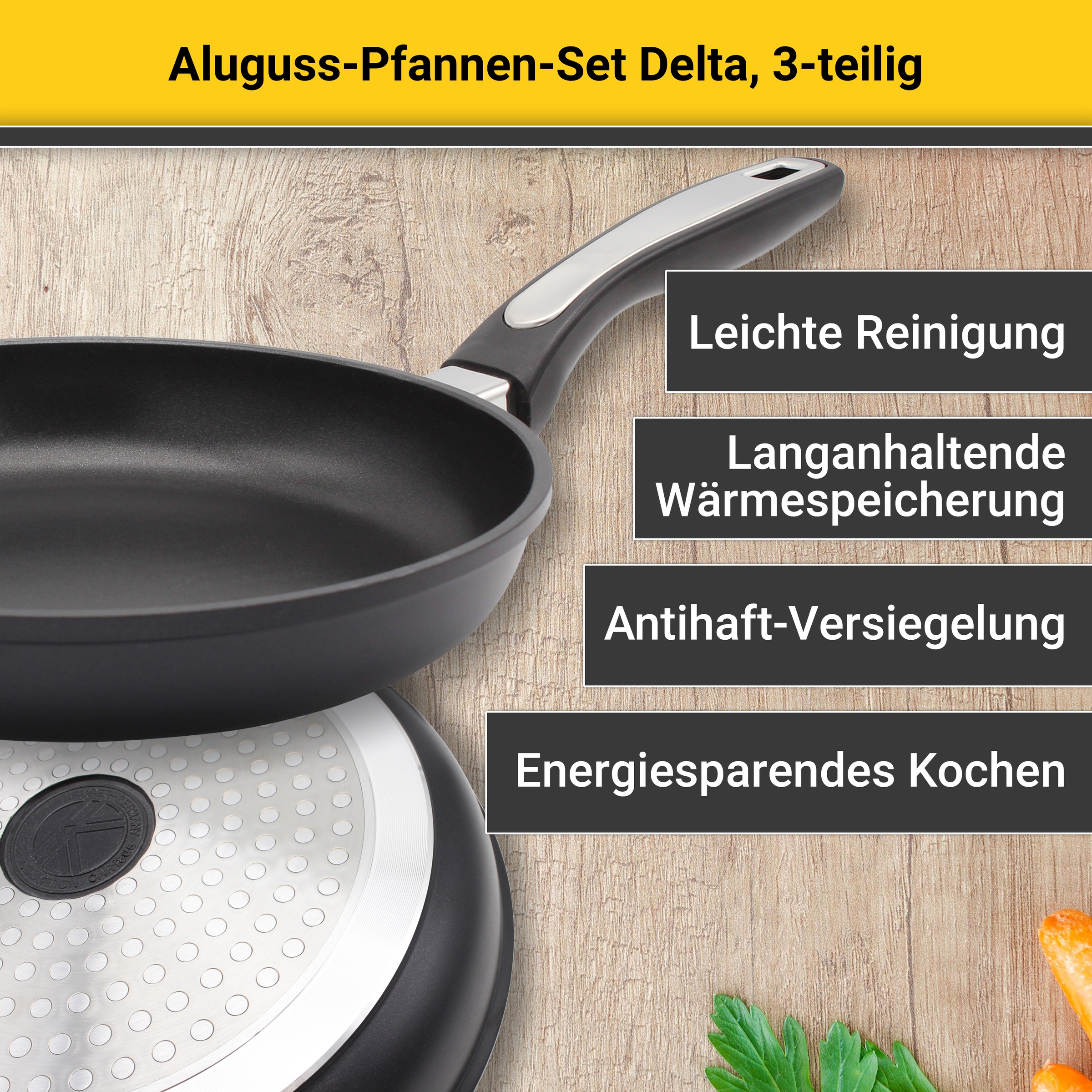 Krüger Pfannen-Set »Delta«, Aluminiumguss, (Set, 3 tlg.), Ø 20/24/28 cm, Induktion