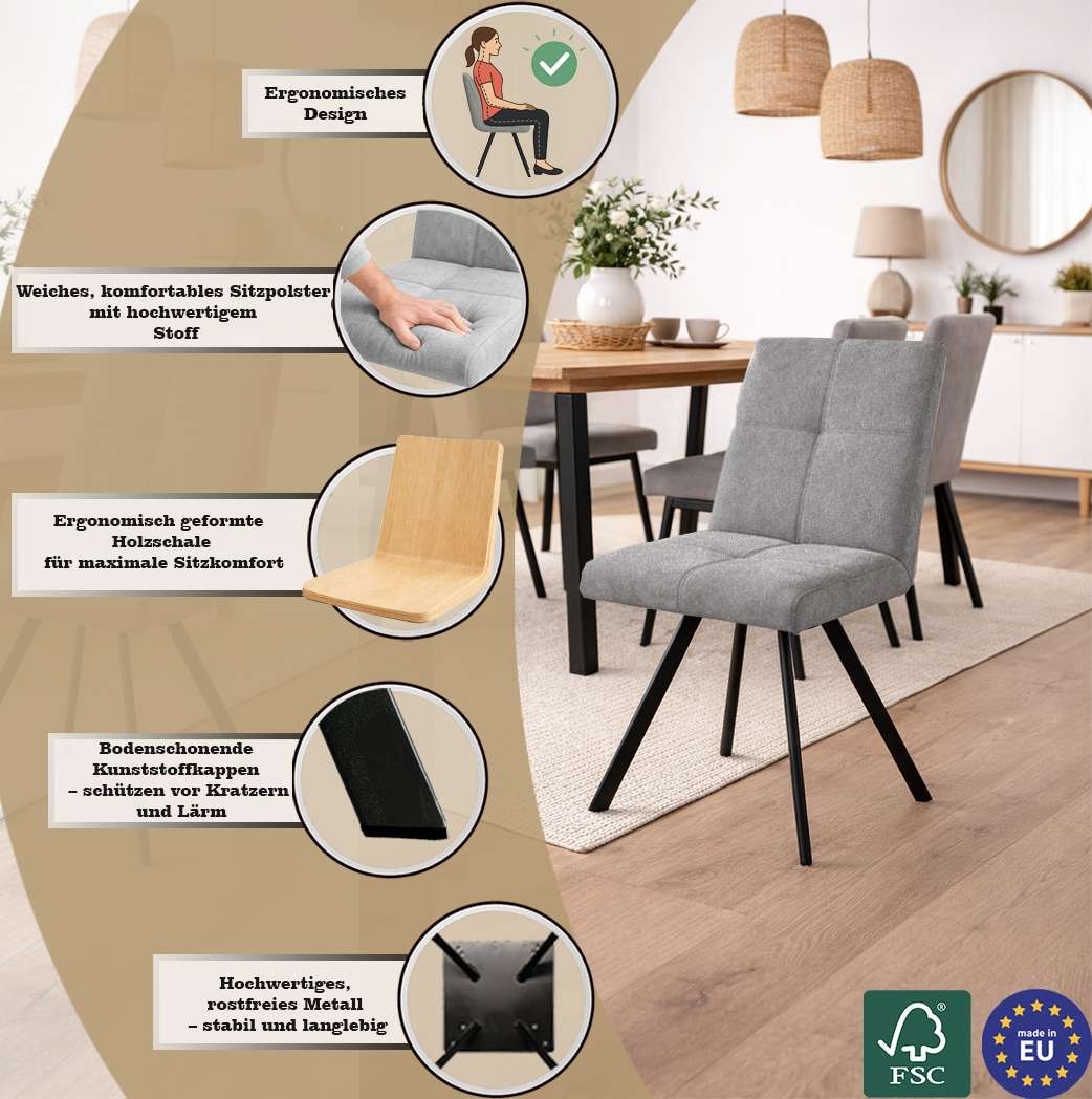Home affaire Esszimmerstuhl »Mia Essstuhl, Wohnstuhl, Polsterstuhl, 4-Fußstuhl« (Set) 2 Stk.mit schwarz pulverbeschichteten Metallbeinen, gepolstert, modern