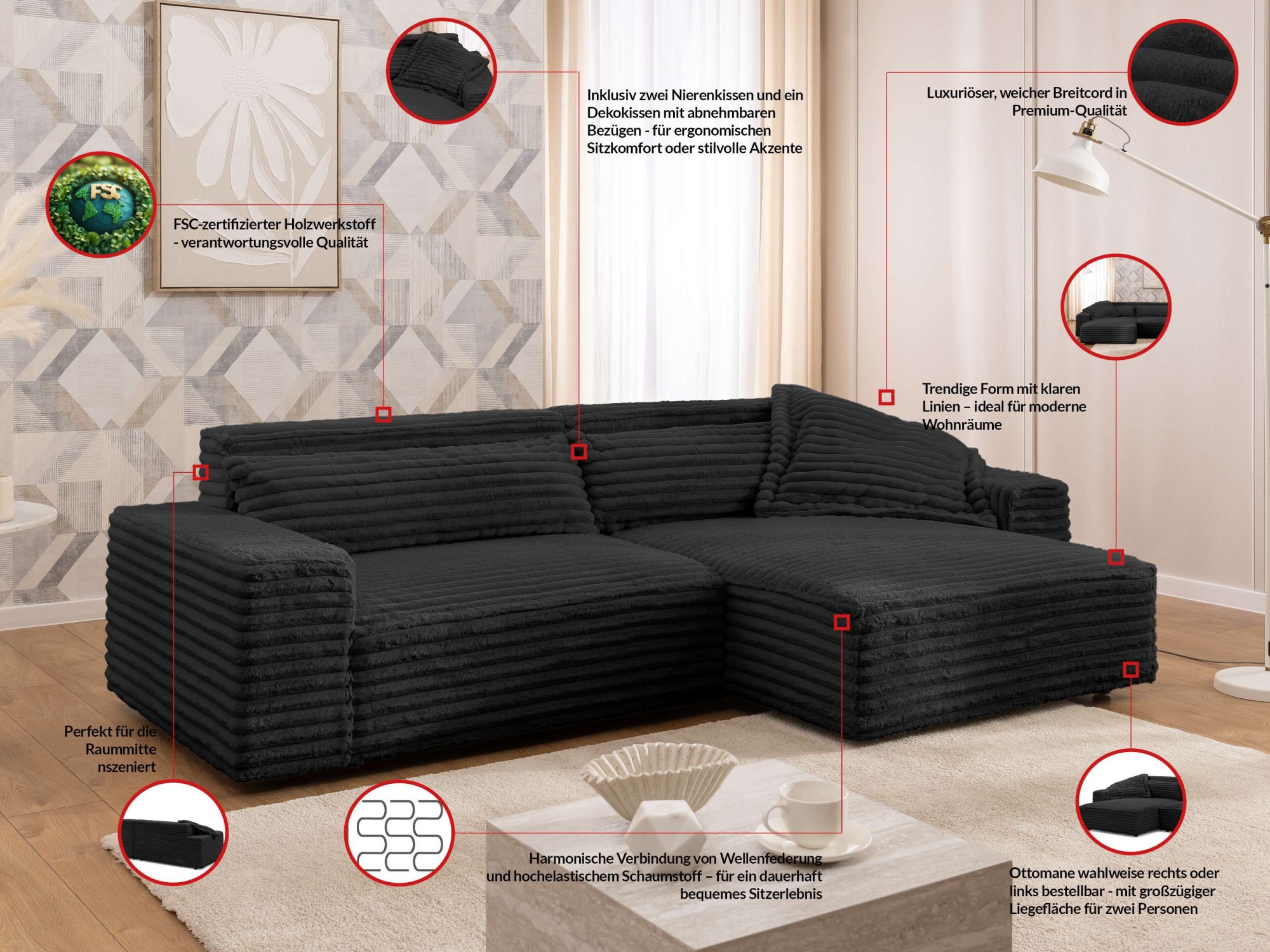 Thumbnail - OTTO home Ecksofa "KINLEE Design-Sofa mit Recamiere rechts/links, Maße B/T/H 251/144/70cm" L-Form mit Wellenunterfederun...