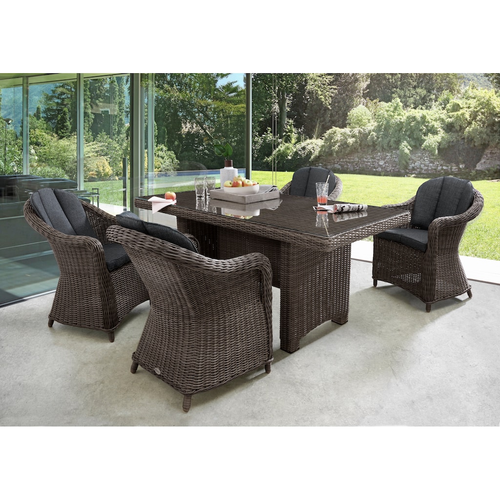 Destiny Garten-Essgruppe »MALAGA LUNA«, (Set, 13 tlg.), Polyrattan, 4 Sessel + Tisch 165x90x75cm, inkl. Auflagen